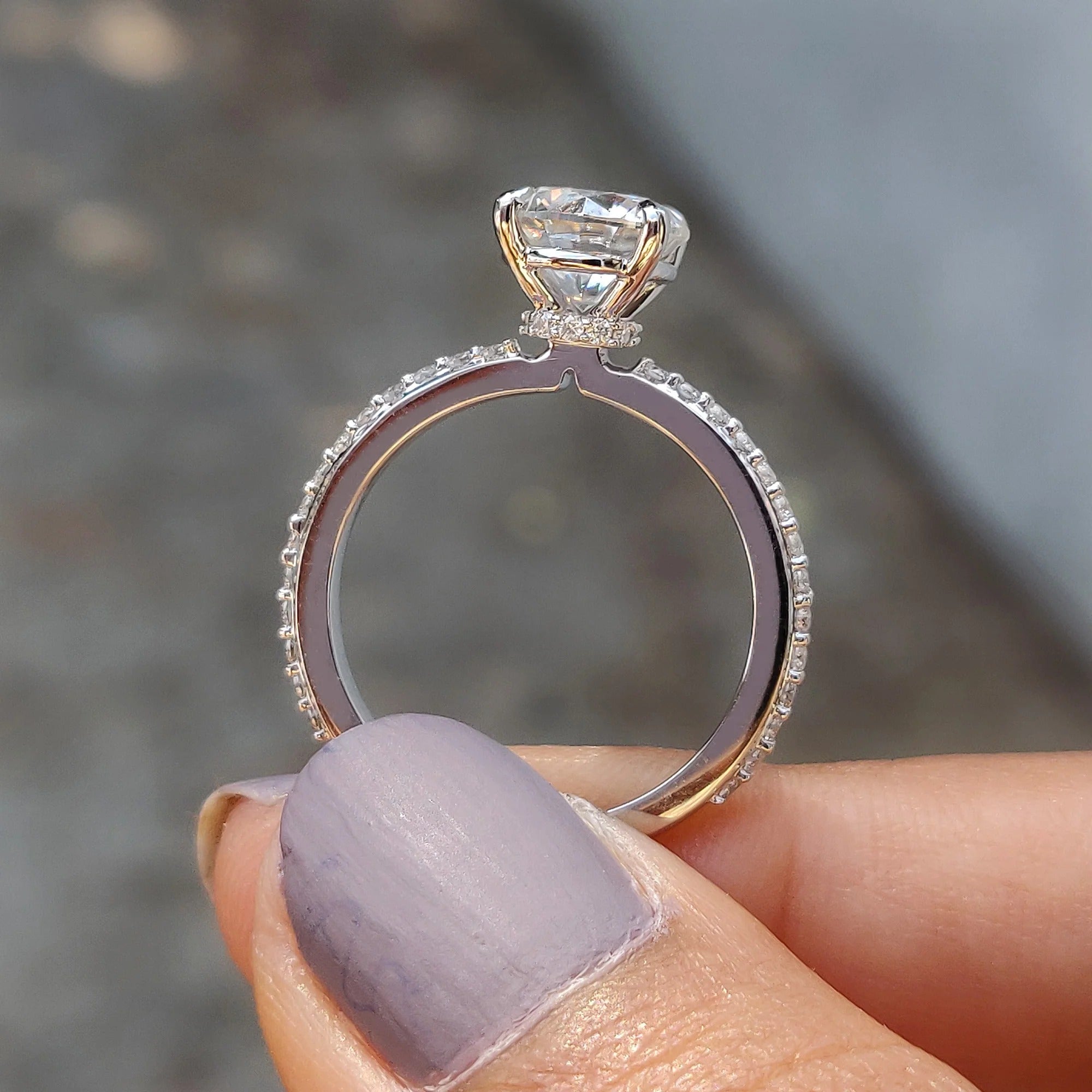 Round Cut Moissanite Engagement Ring with Diamond Pave Band in White Gold Setting