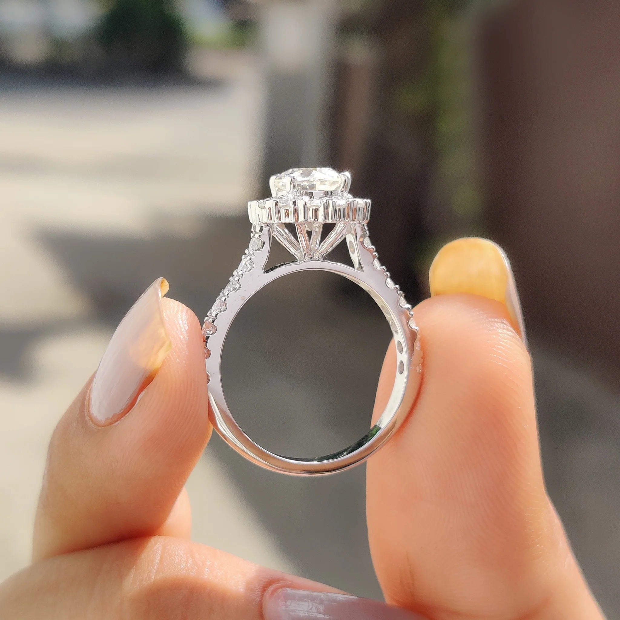 Round Cut Moissanite Halo Engagement Ring with Diamond Pave Band in White Gold