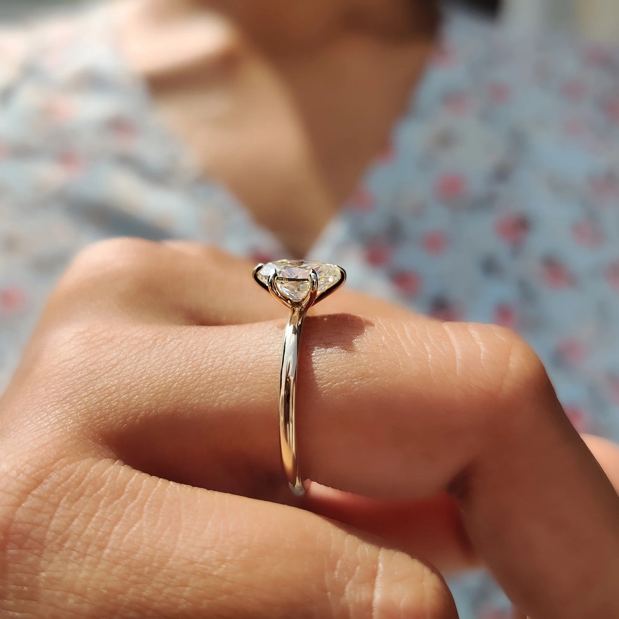 Oval Cut Moissanite Engagement Ring Solitaire Setting in Yellow Gold Minimalist Band
