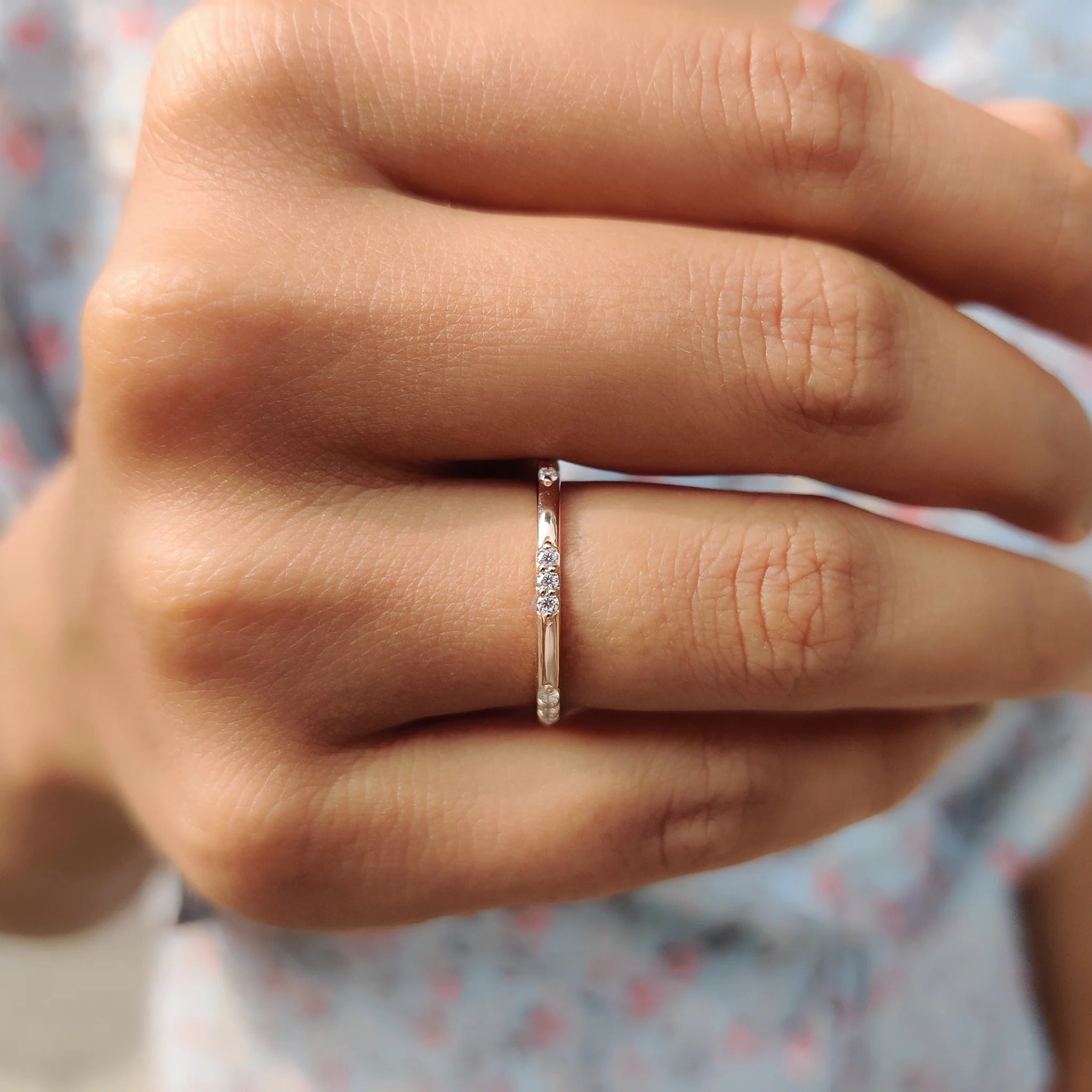 Dainty Moissanite Diamond Station Band Rose Gold Minimalist Stackable Wedding Ring