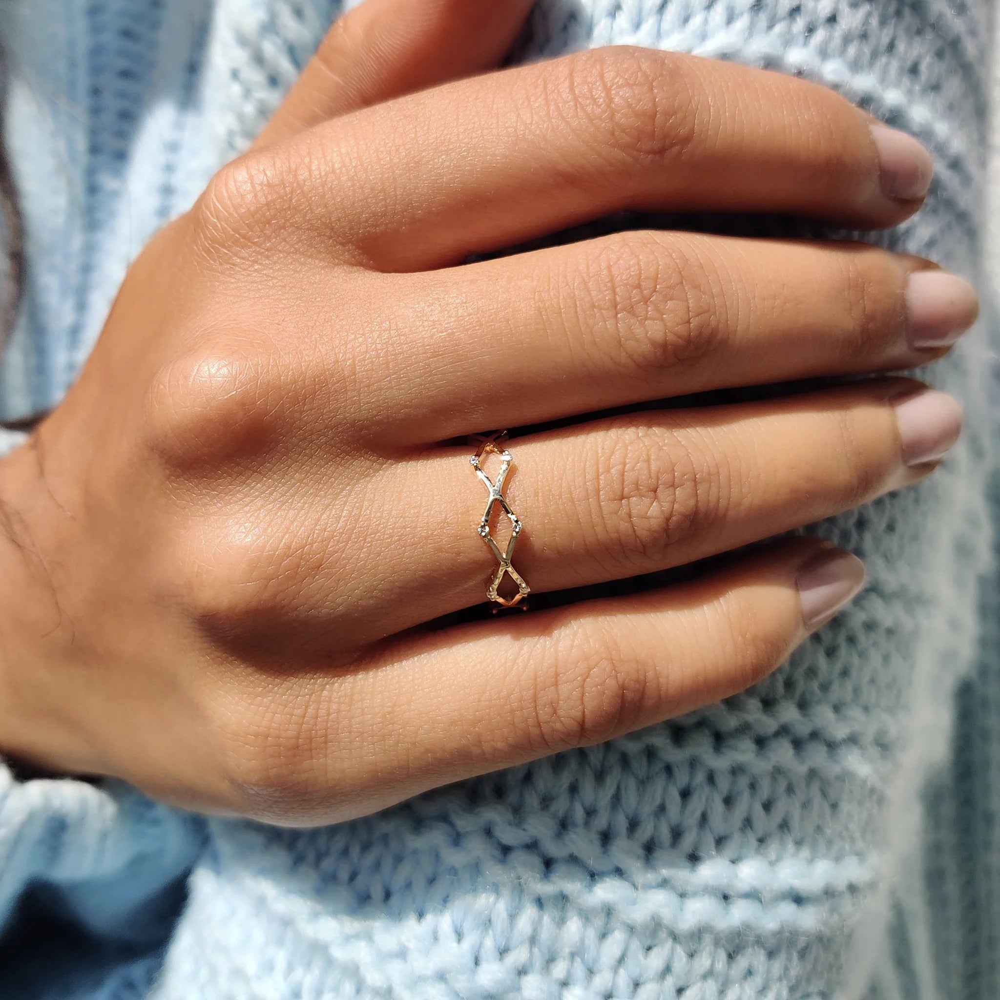 Dainty Moissanite & Diamond Zig Zag Stackable Ring in Polished Rose Gold Band