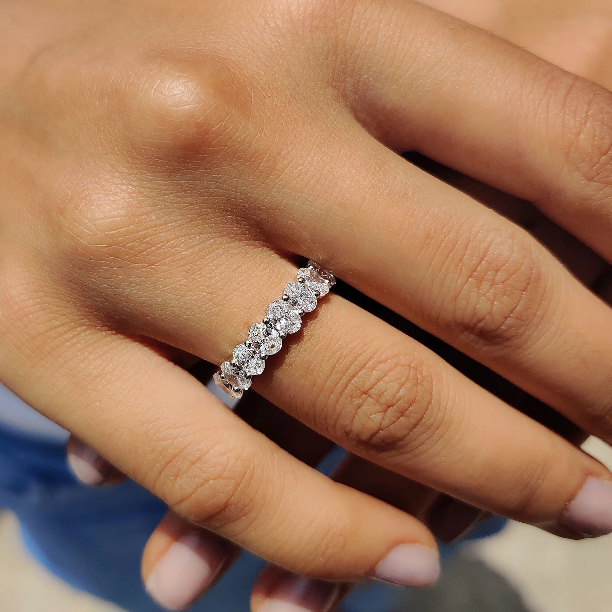 Oval Cut Moissanite Diamond Eternity Band Sterling Silver Stackable Wedding Ring