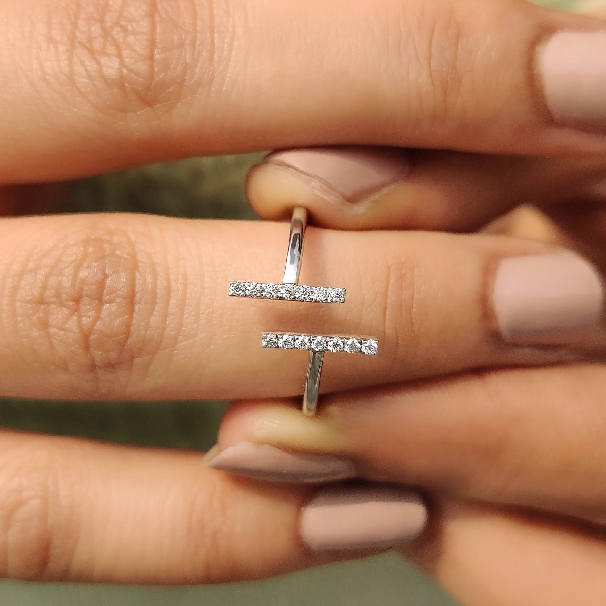 Modern Moissanite Diamond Bar Open Ring Sterling Silver Adjustable Stacking Band