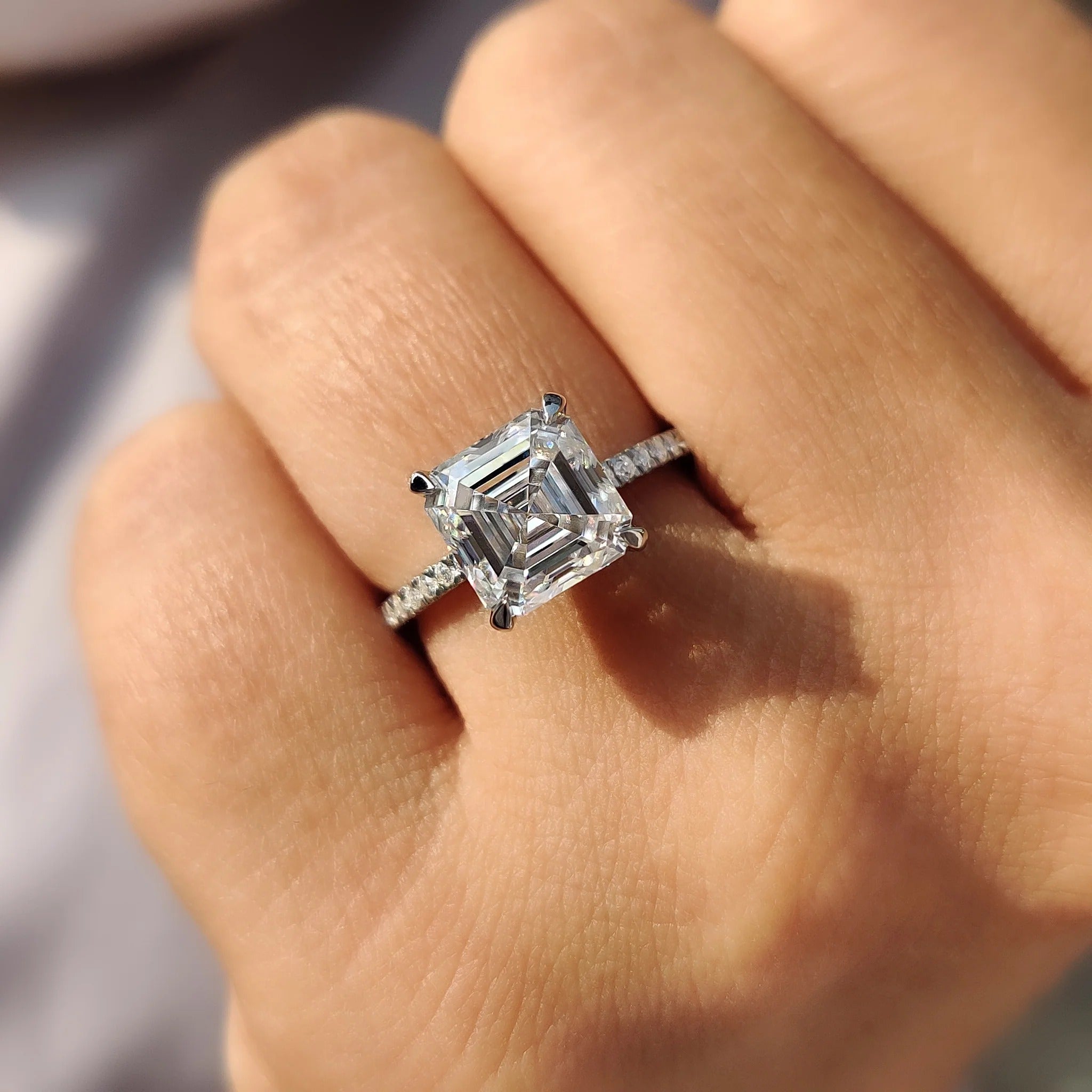 Asscher Cut Moissanite Engagement Ring with Diamond Pave Band