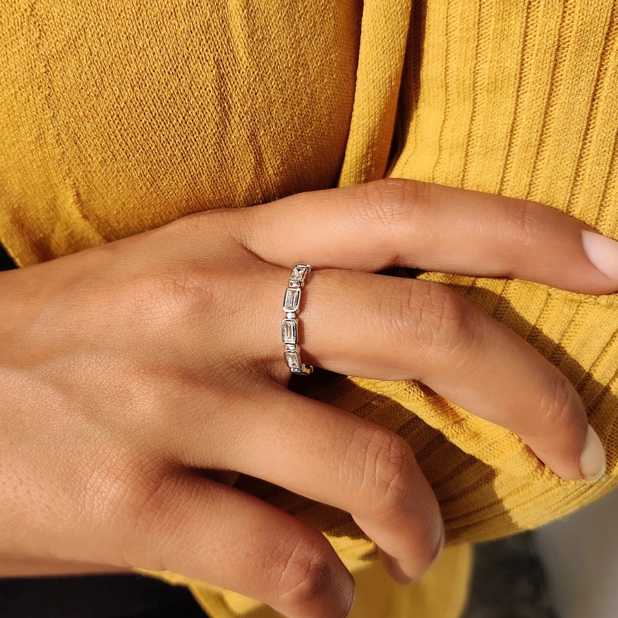 Baguette Cut Moissanite Diamond Bezel Set Band Minimalist Stacking Wedding Ring Band