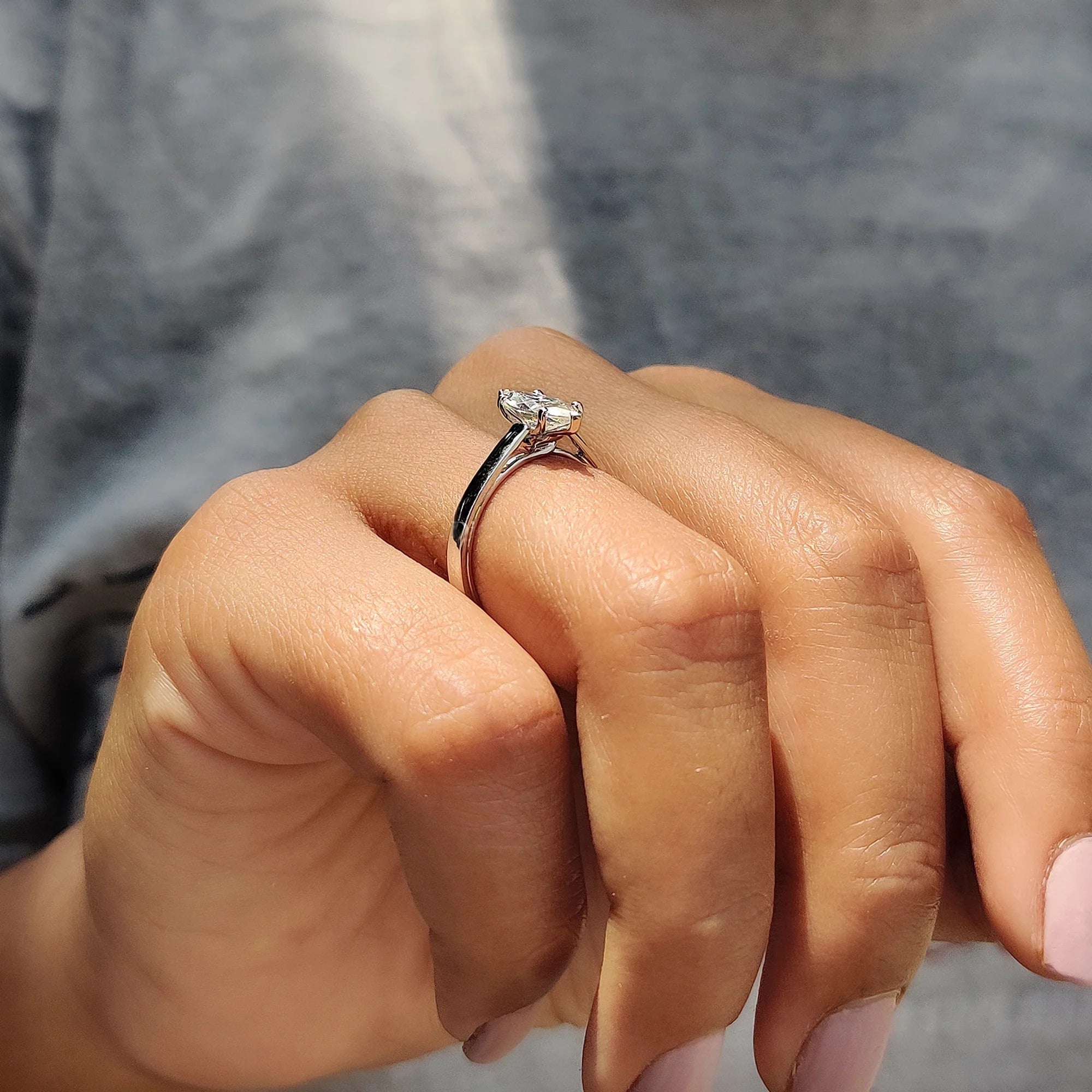 Marquise Cut Moissanite Engagement Ring Solitaire Setting in Polished White Gold Band