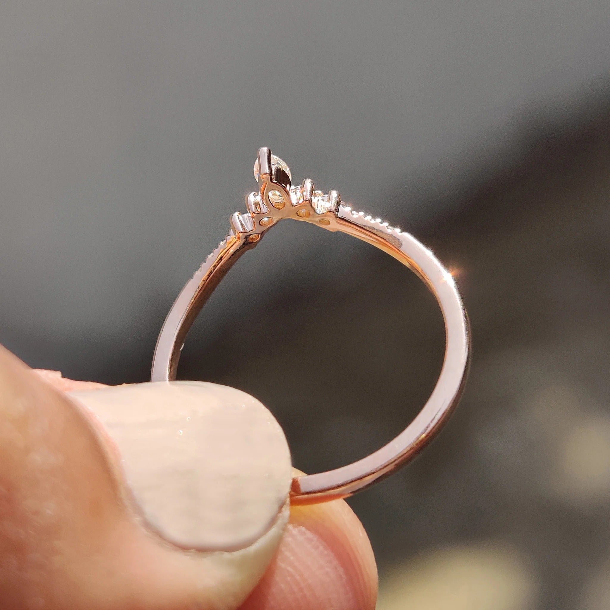 Marquise Moissanite Diamond Contour Band Dainty Rose Gold Stackable Wedding Ring