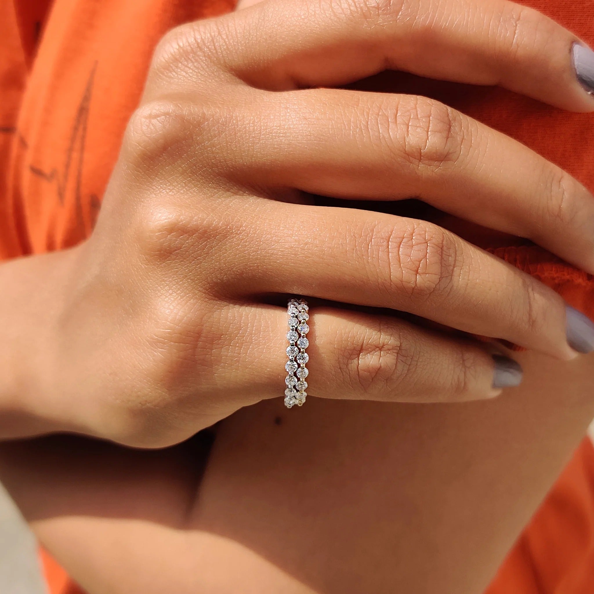 Moissanite and Diamond Double Row Eternity Band Stackable Wedding Ring