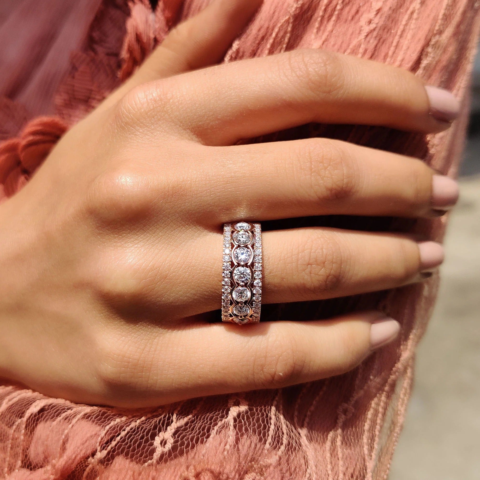 Moissanite Diamond Wide Eternity Band Stackable Rose Gold Statement Wedding Ring