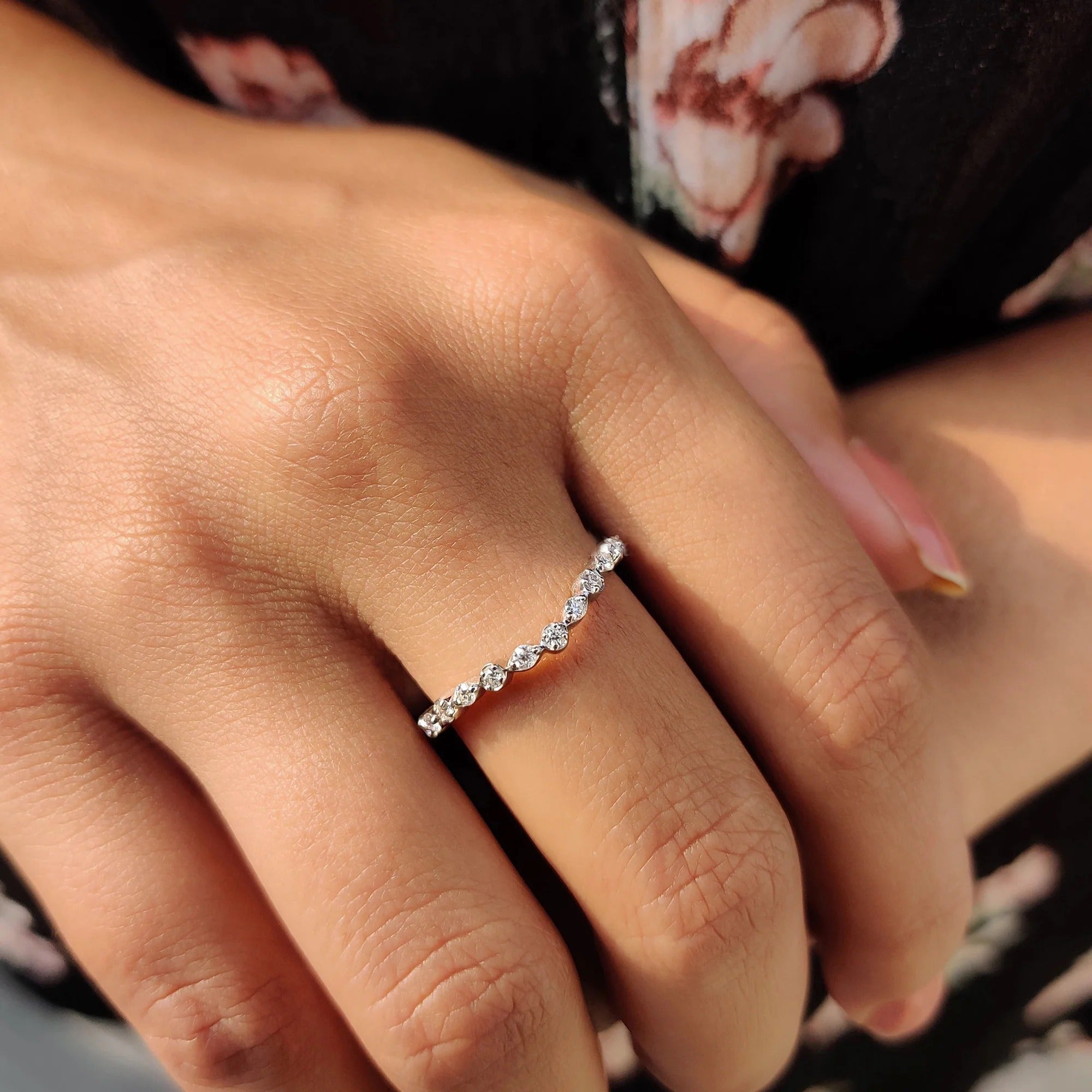 Curved Moissanite & Diamond Wedding Band - Dainty Stackable V-Shape Stacking Ring