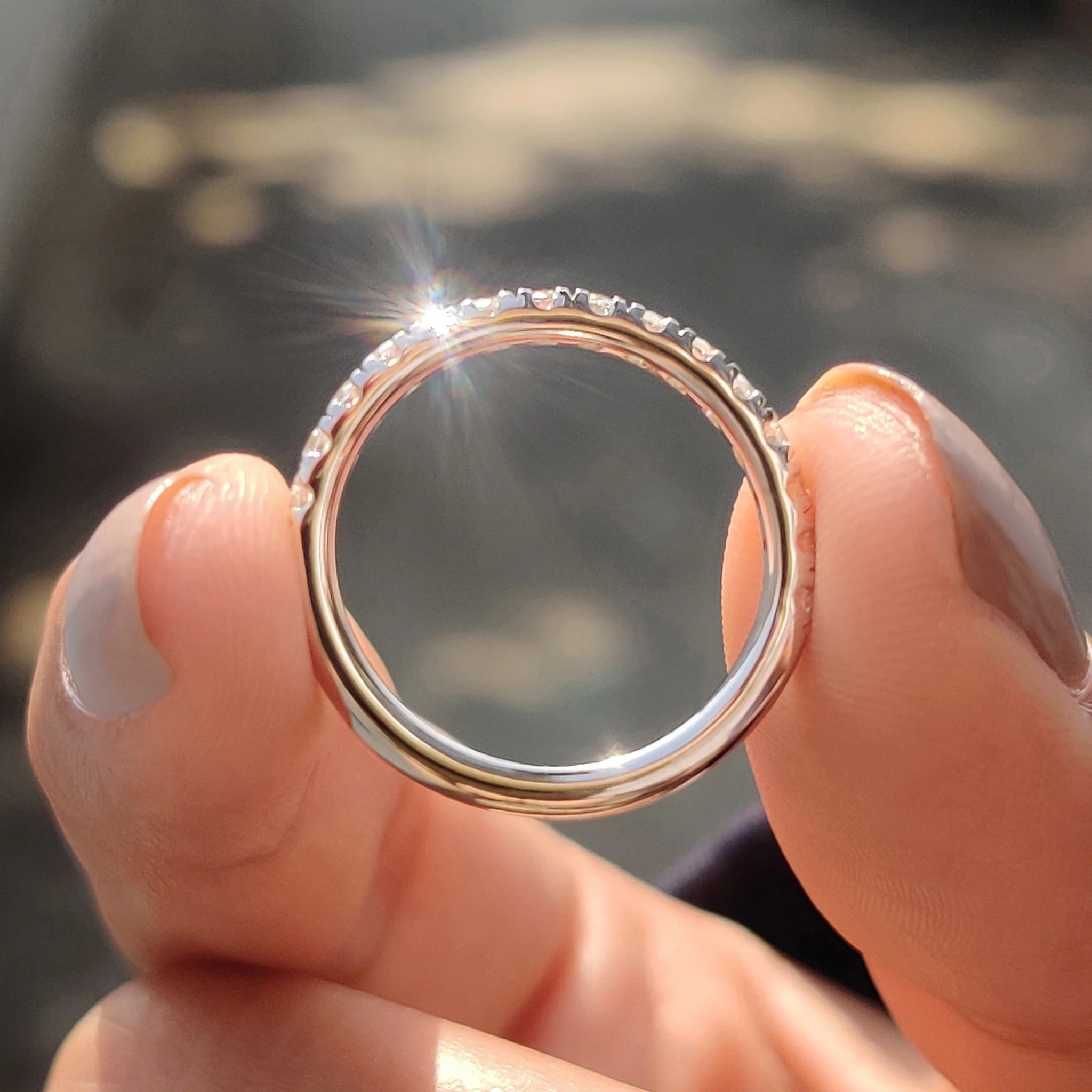Moissanite Diamond Dainty Half Eternity Band Stacking Wedding Ring in White Gold