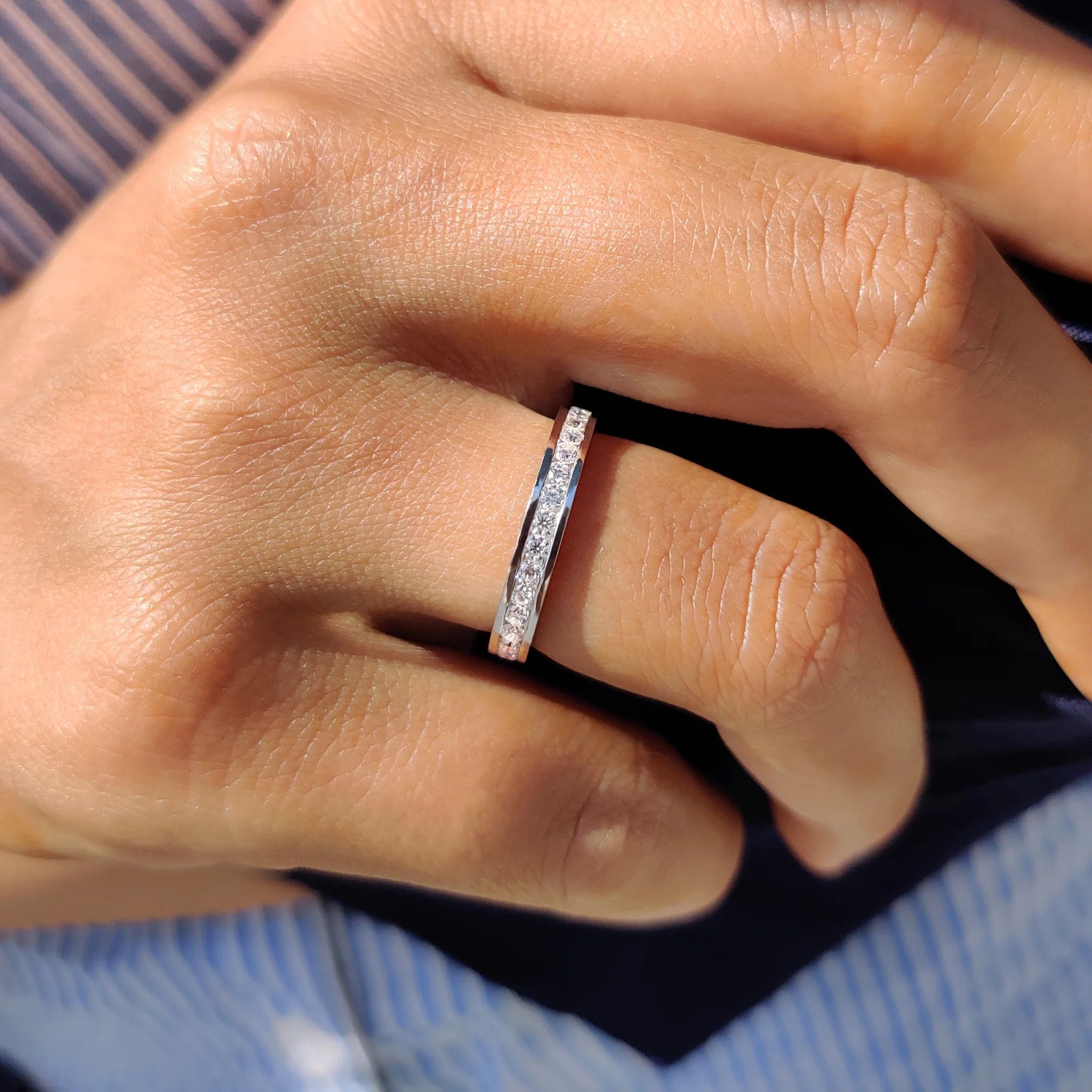 Moissanite Diamond Channel Set Eternity Band Minimalist Stackable Ring White Gold