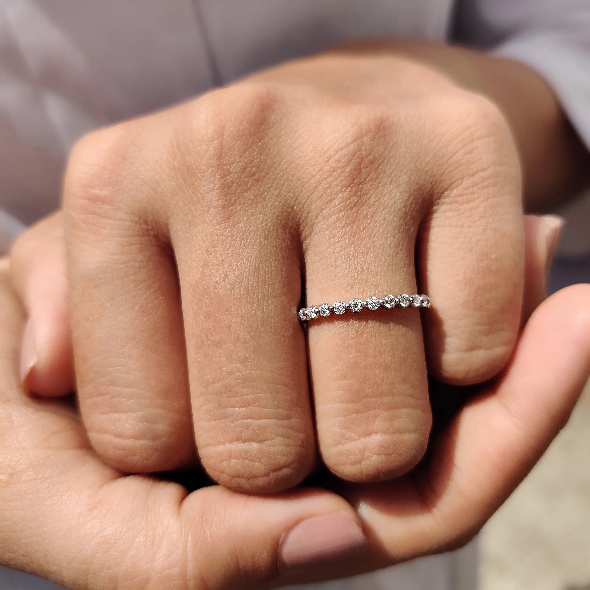 Round Moissanite in Diamond Stackable Eternity Band White Gold Wedding Ring