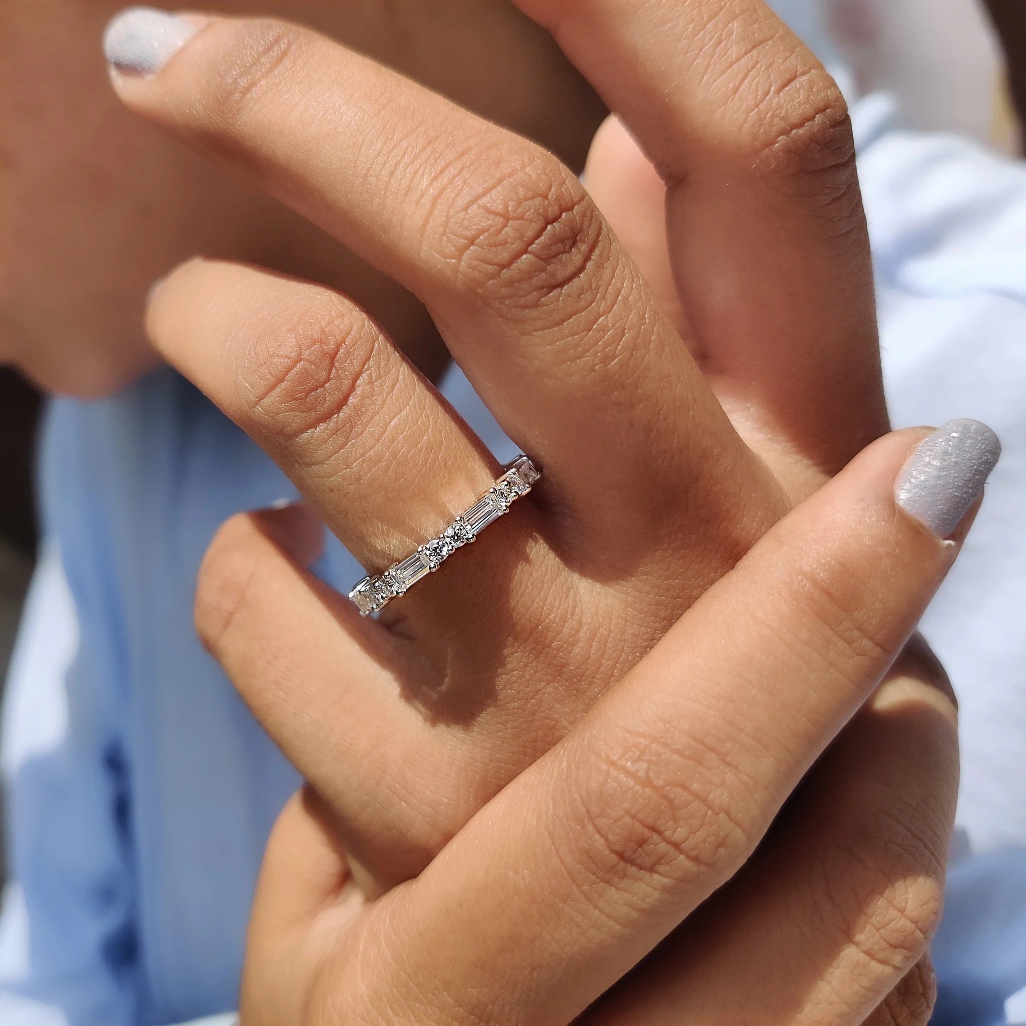 Moissanite Diamond Baguette Round Eternity Band Minimalist Stackable Wedding Ring