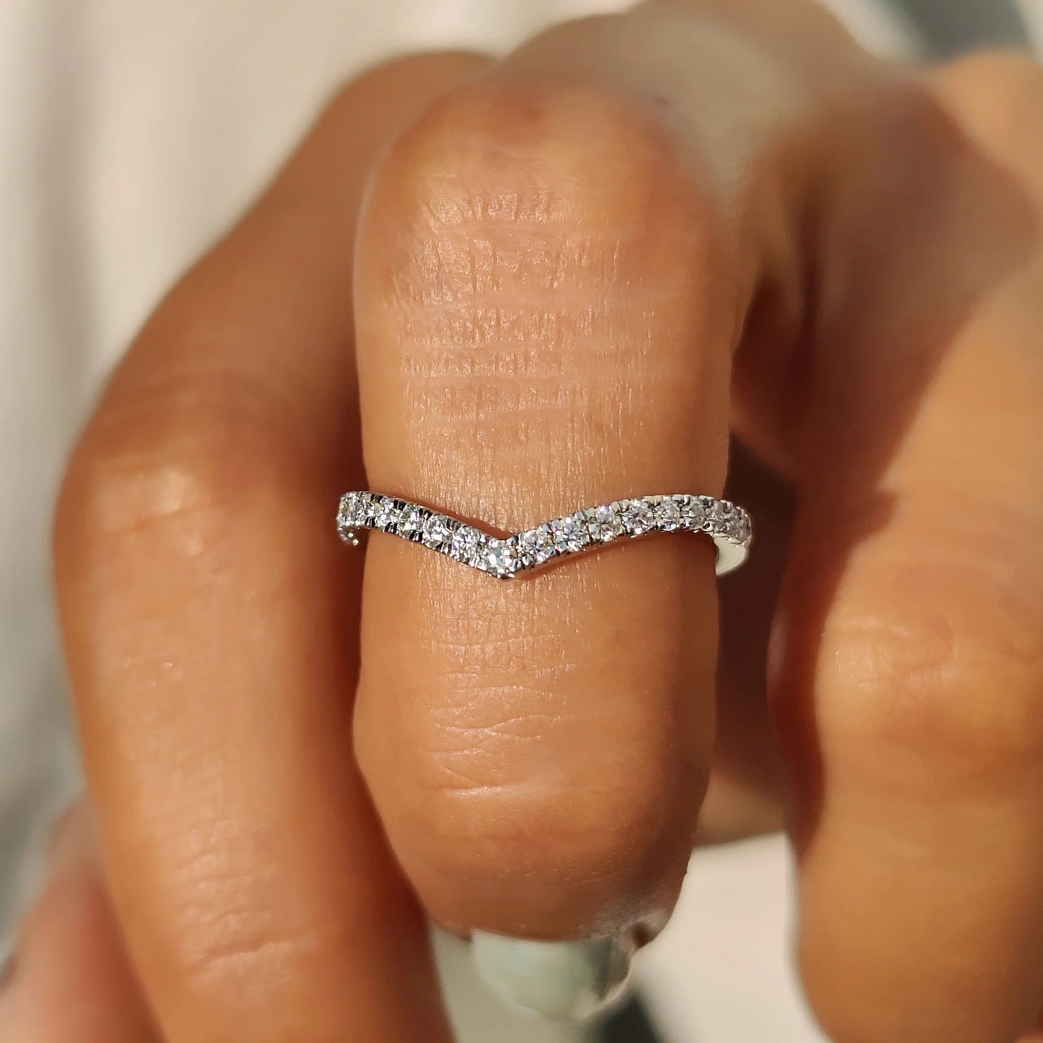 Moissanite Diamond Chevron Band Minimalist Stackable Wedding Ring White Gold Finish