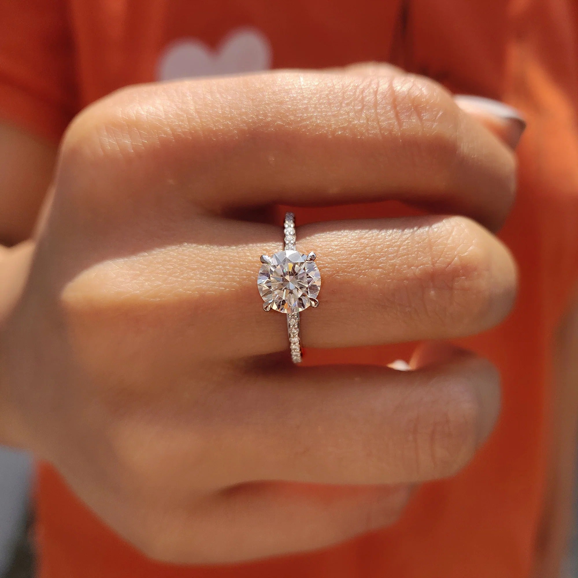 Round Cut Moissanite Engagement Ring with Diamond Pave Band in White Gold Setting