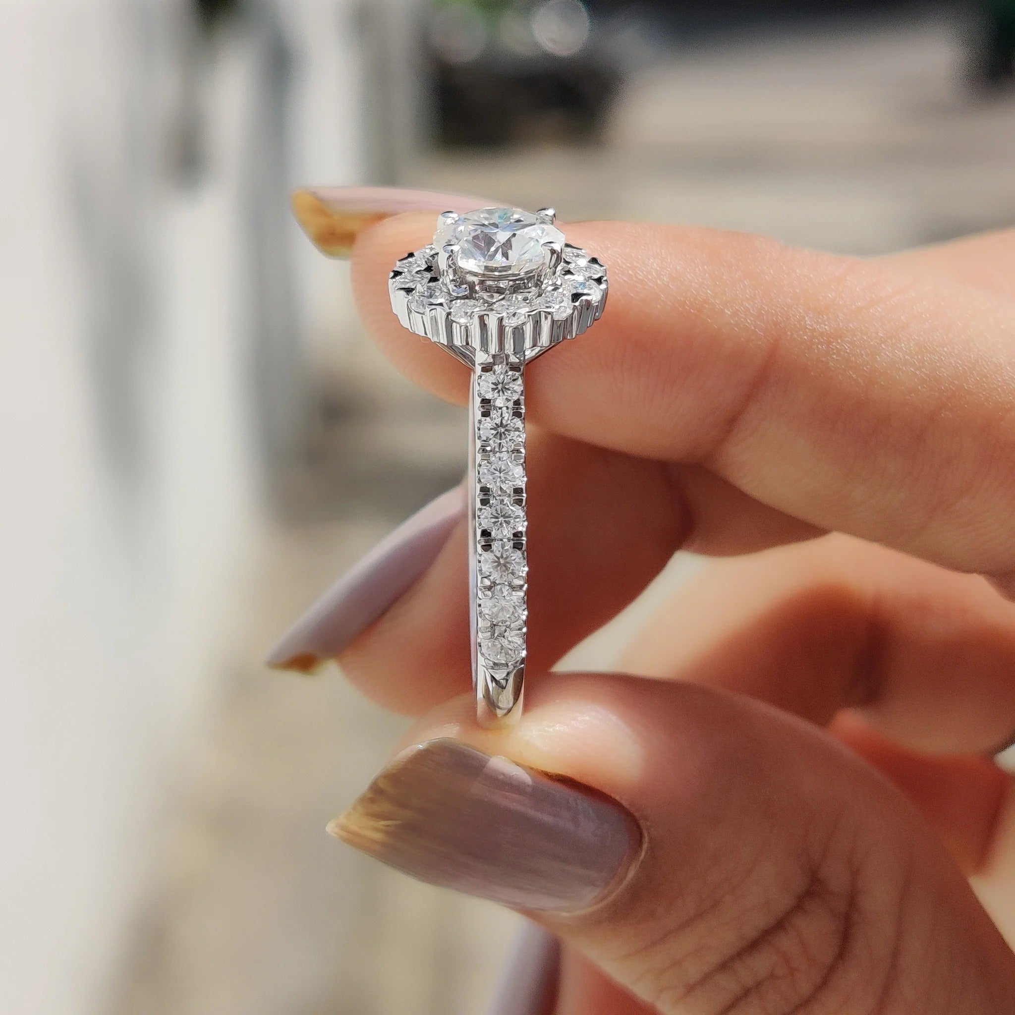Round Cut Moissanite Halo Engagement Ring with Diamond Pave Band in White Gold