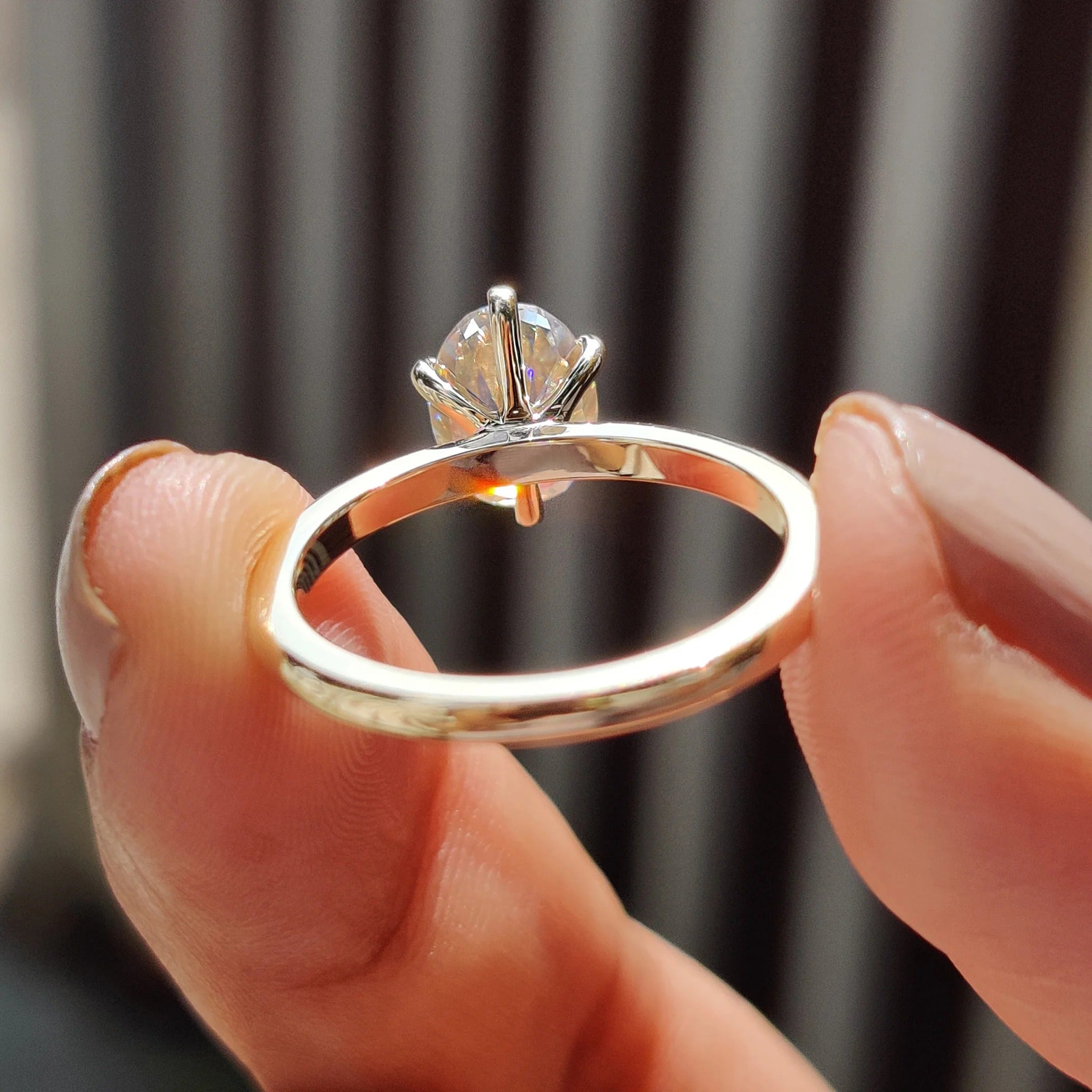 Oval Cut Moissanite Engagement Ring Solitaire Setting in Yellow Gold Minimalist Band