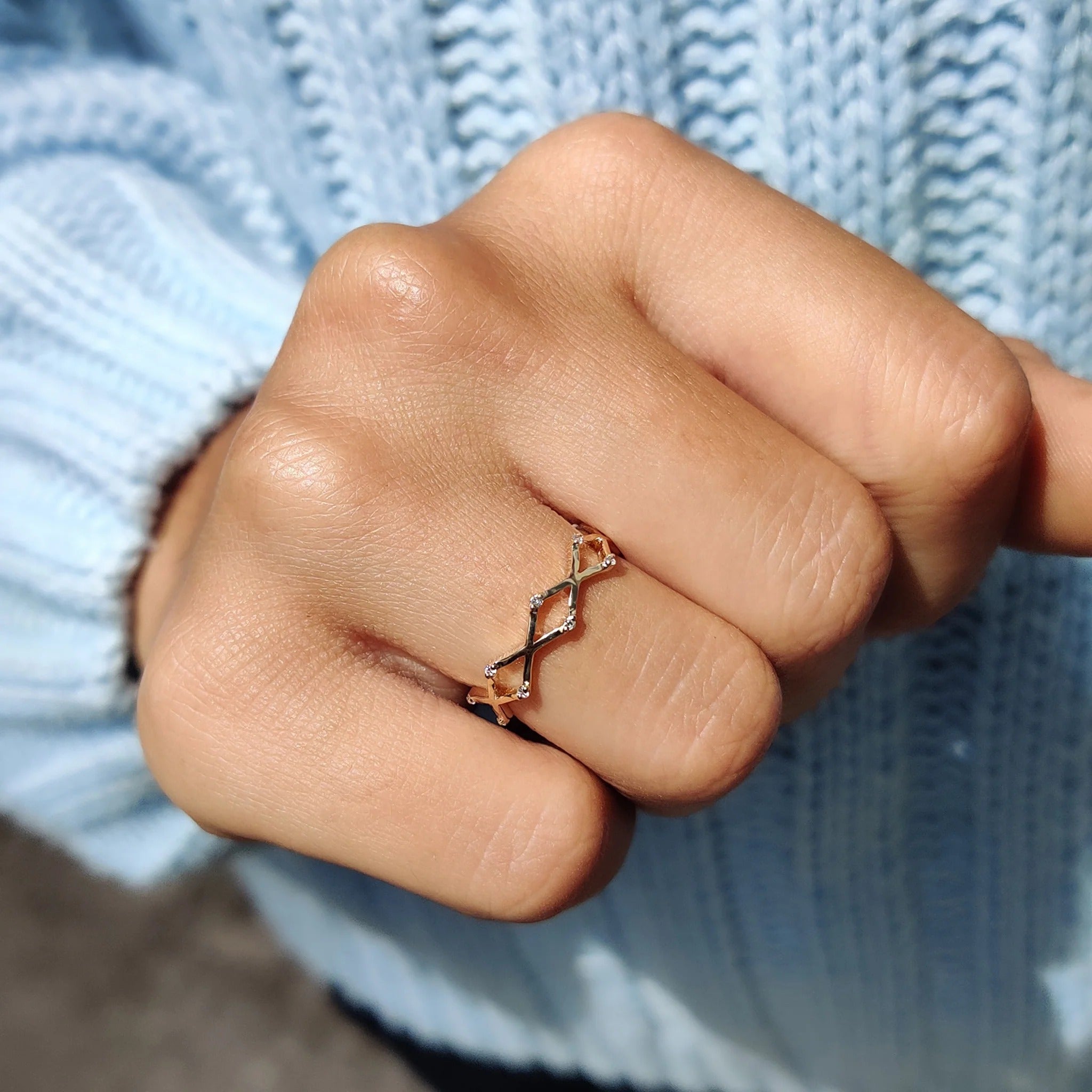 Dainty Moissanite & Diamond Zig Zag Stackable Ring in Polished Rose Gold Band