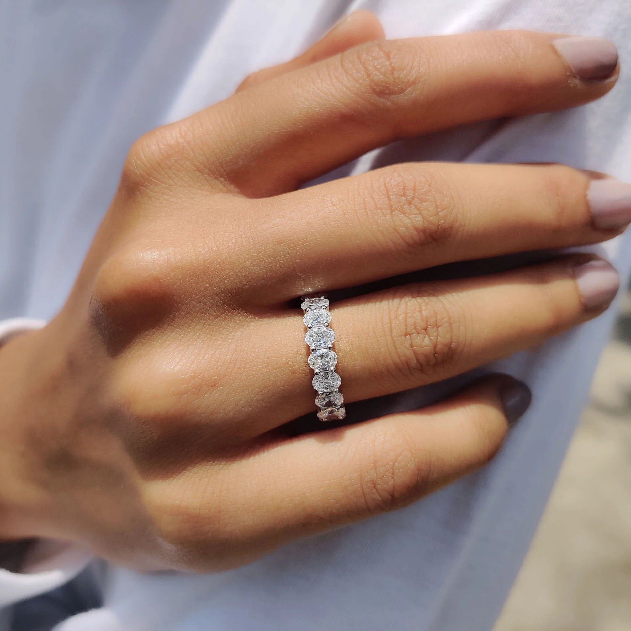 Oval Cut Moissanite Diamond Eternity Band Sterling Silver Stackable Wedding Ring