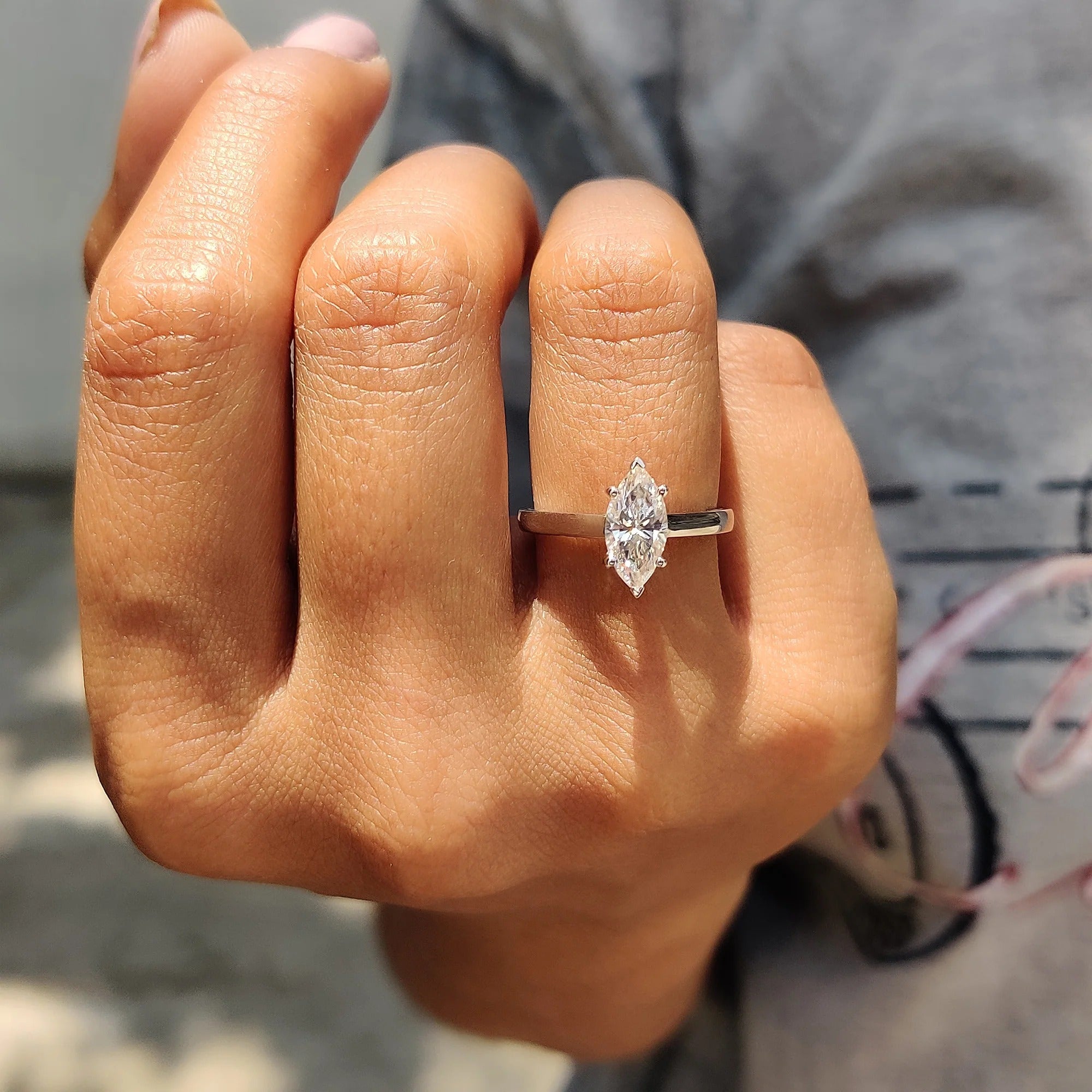 Marquise Cut Moissanite Engagement Ring Solitaire Setting in Polished White Gold Band
