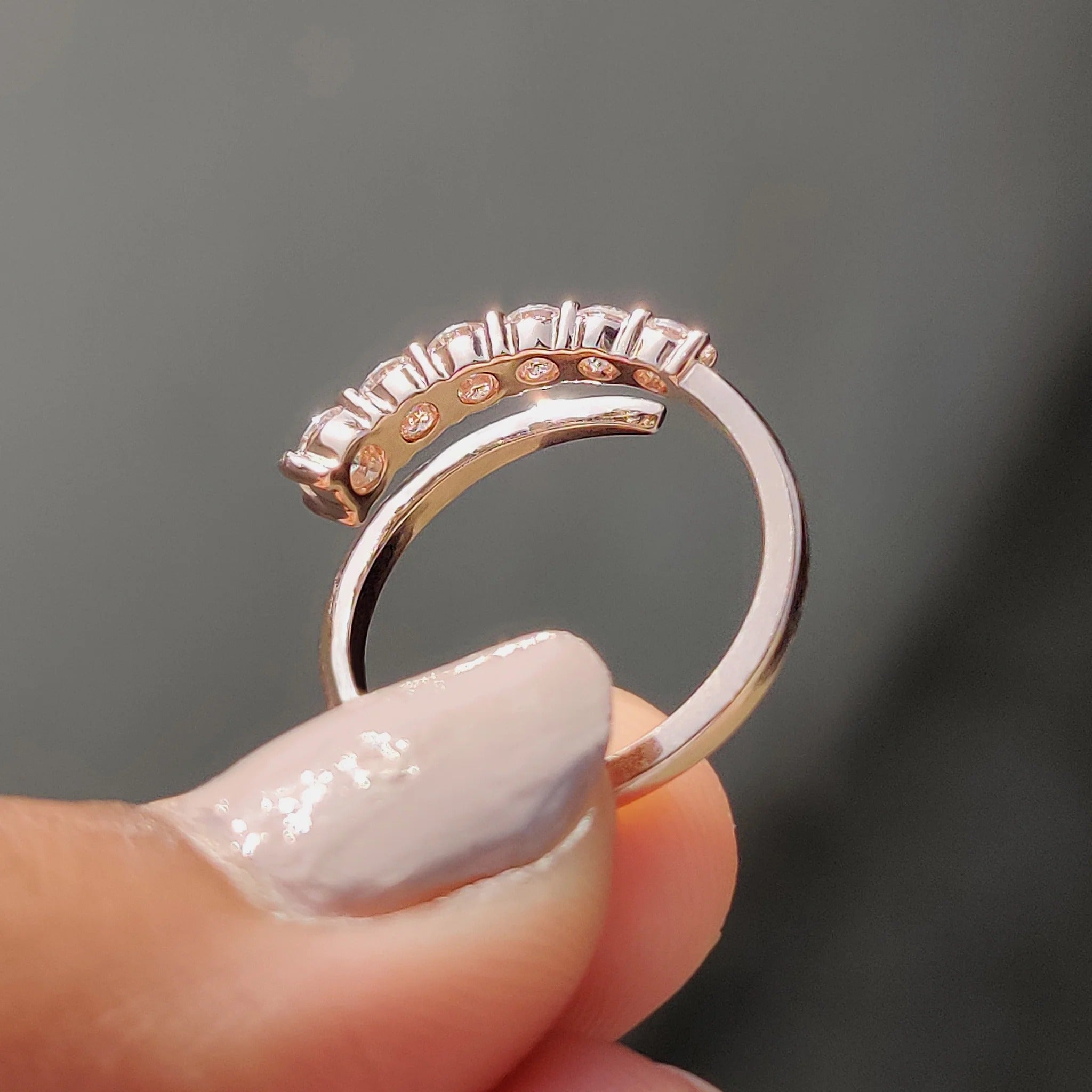 Dainty Moissanite & Diamond Open Wrap Ring in Rose Gold - Minimalist Stackable Band
