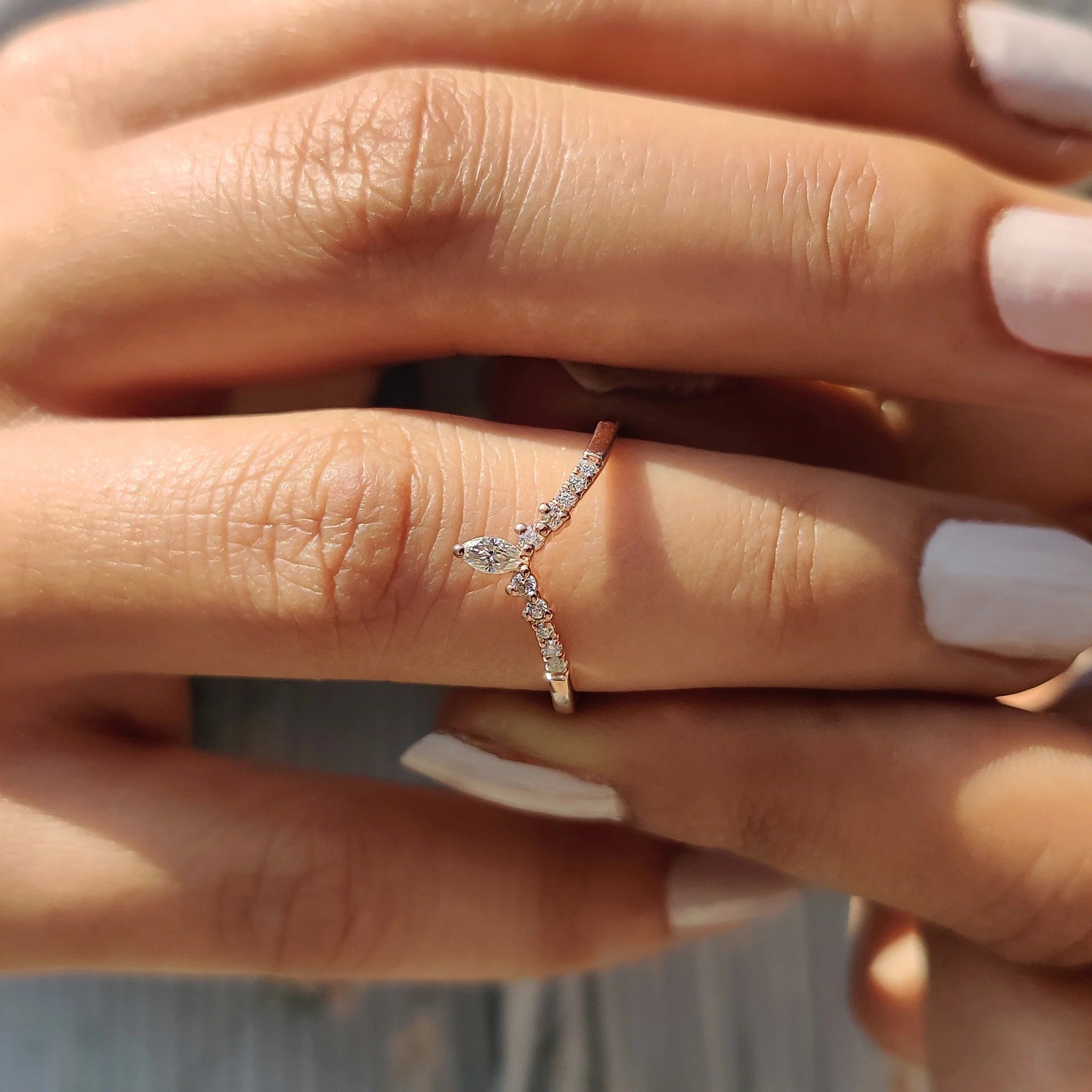 Marquise Moissanite Diamond Contour Band Dainty Rose Gold Stackable Wedding Ring
