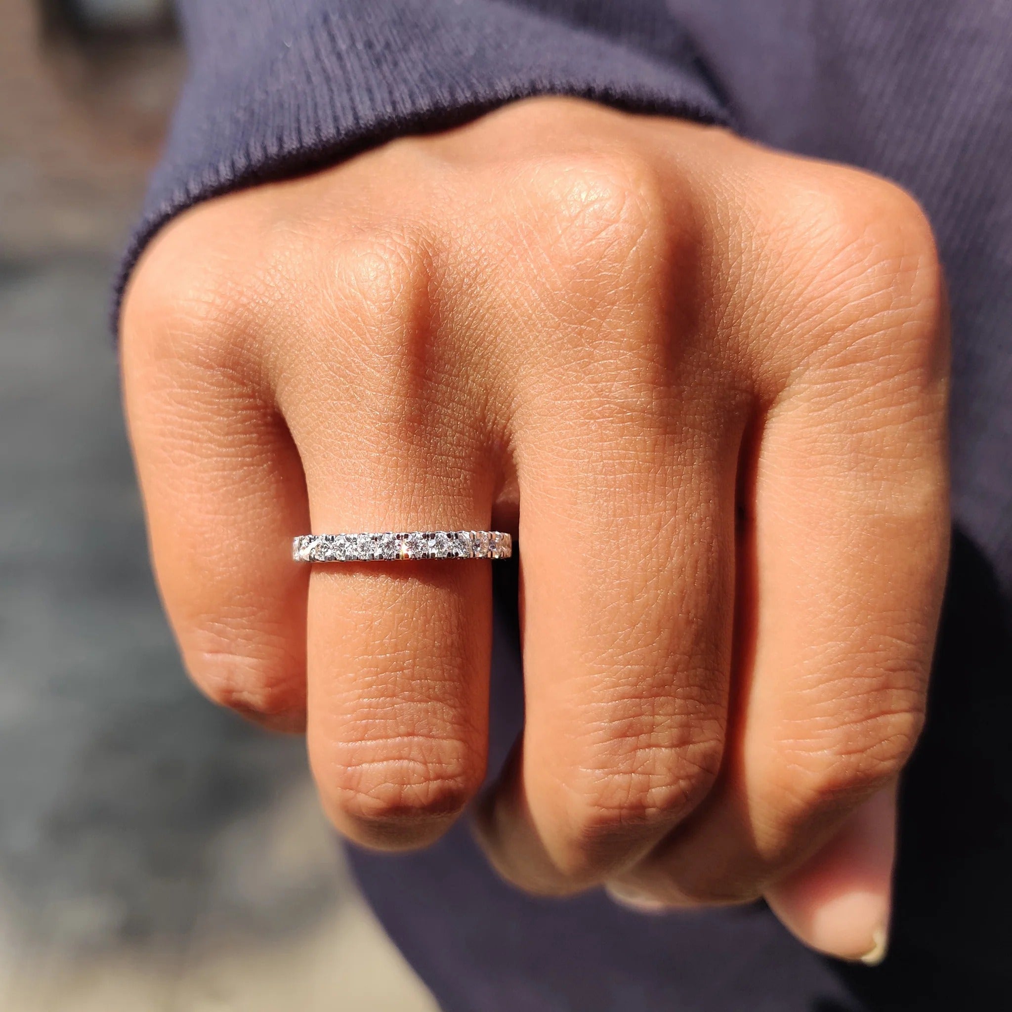 Moissanite Diamond Dainty Half Eternity Band Stacking Wedding Ring in White Gold