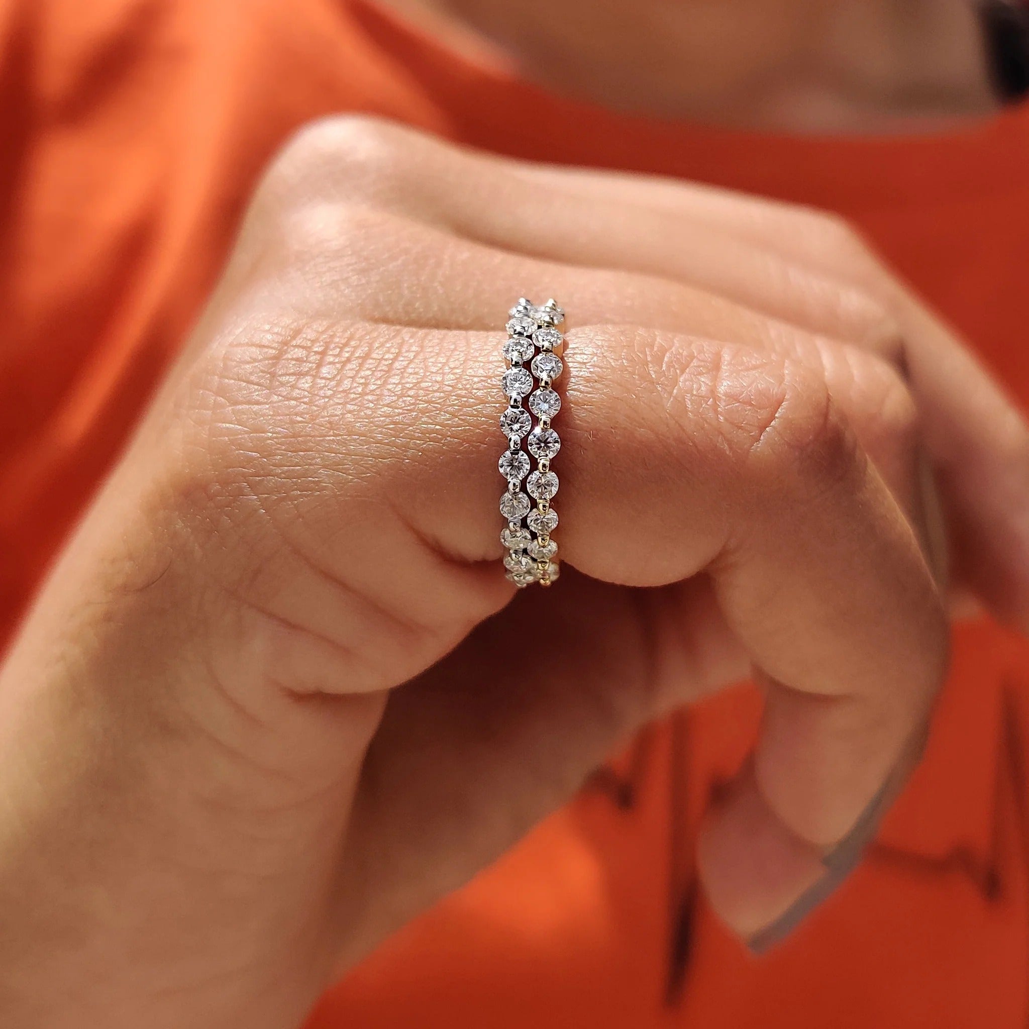 Moissanite and Diamond Double Row Eternity Band Stackable Wedding Ring