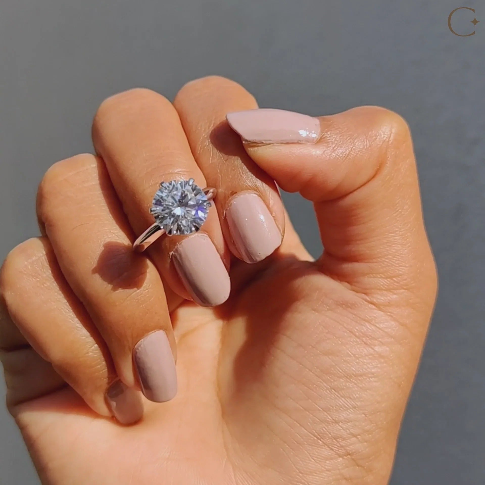 Round Cut Moissanite Solitaire Engagement Ring in Polished White Gold Band Setting