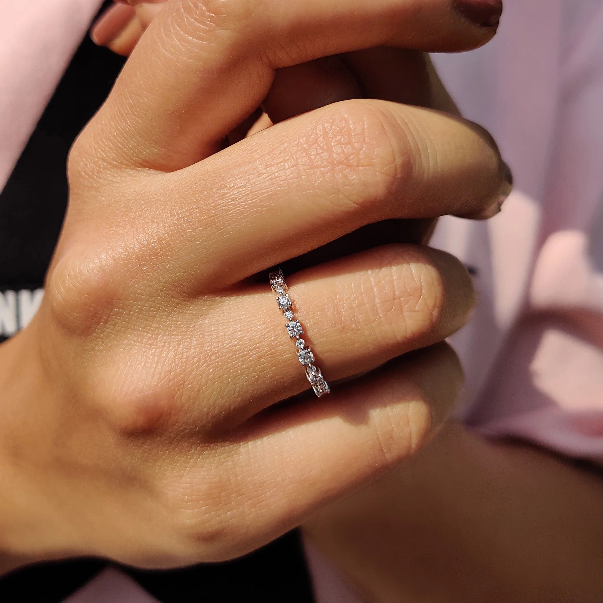 Round Moissanite Diamond Dainty Eternity Band Minimalist Stackable Ring