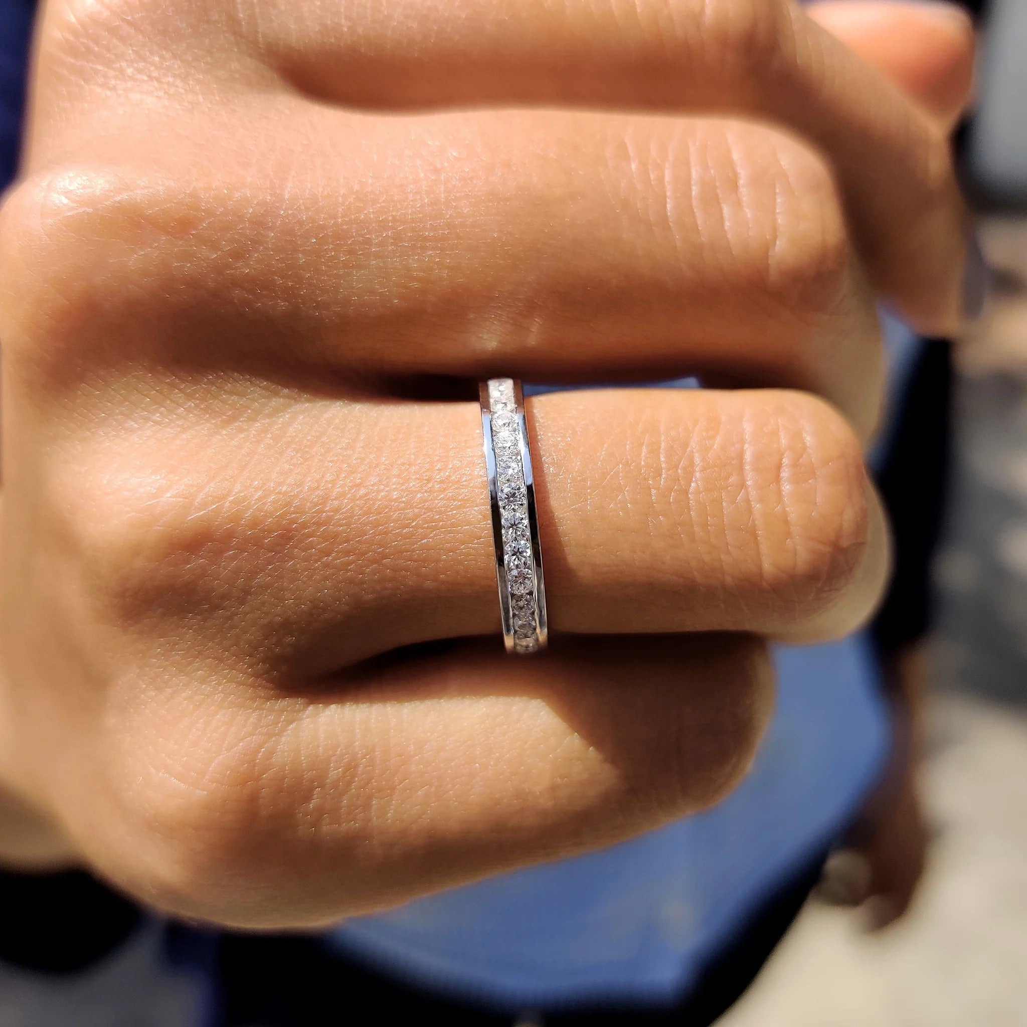 Moissanite Diamond Channel Set Eternity Band Minimalist Stackable Ring White Gold