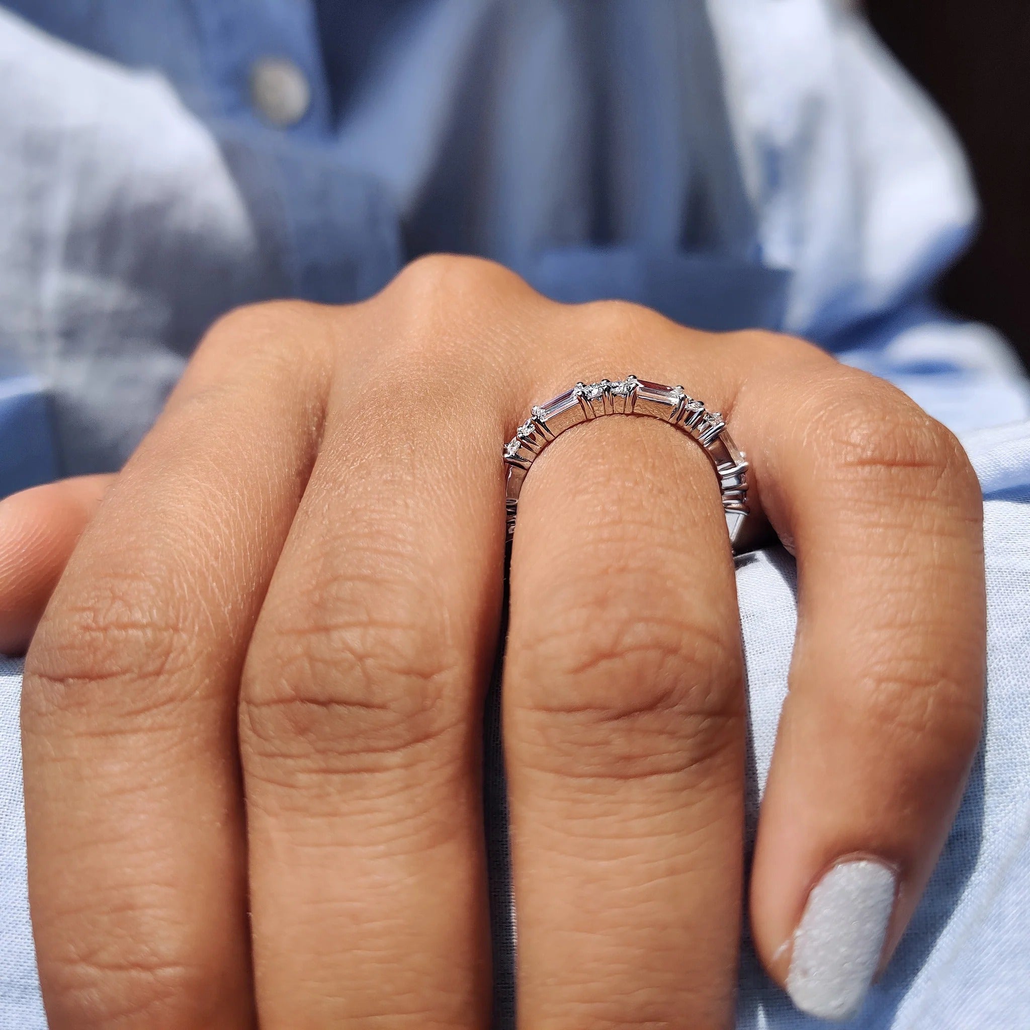 Moissanite Diamond Baguette Round Eternity Band Minimalist Stackable Wedding Ring
