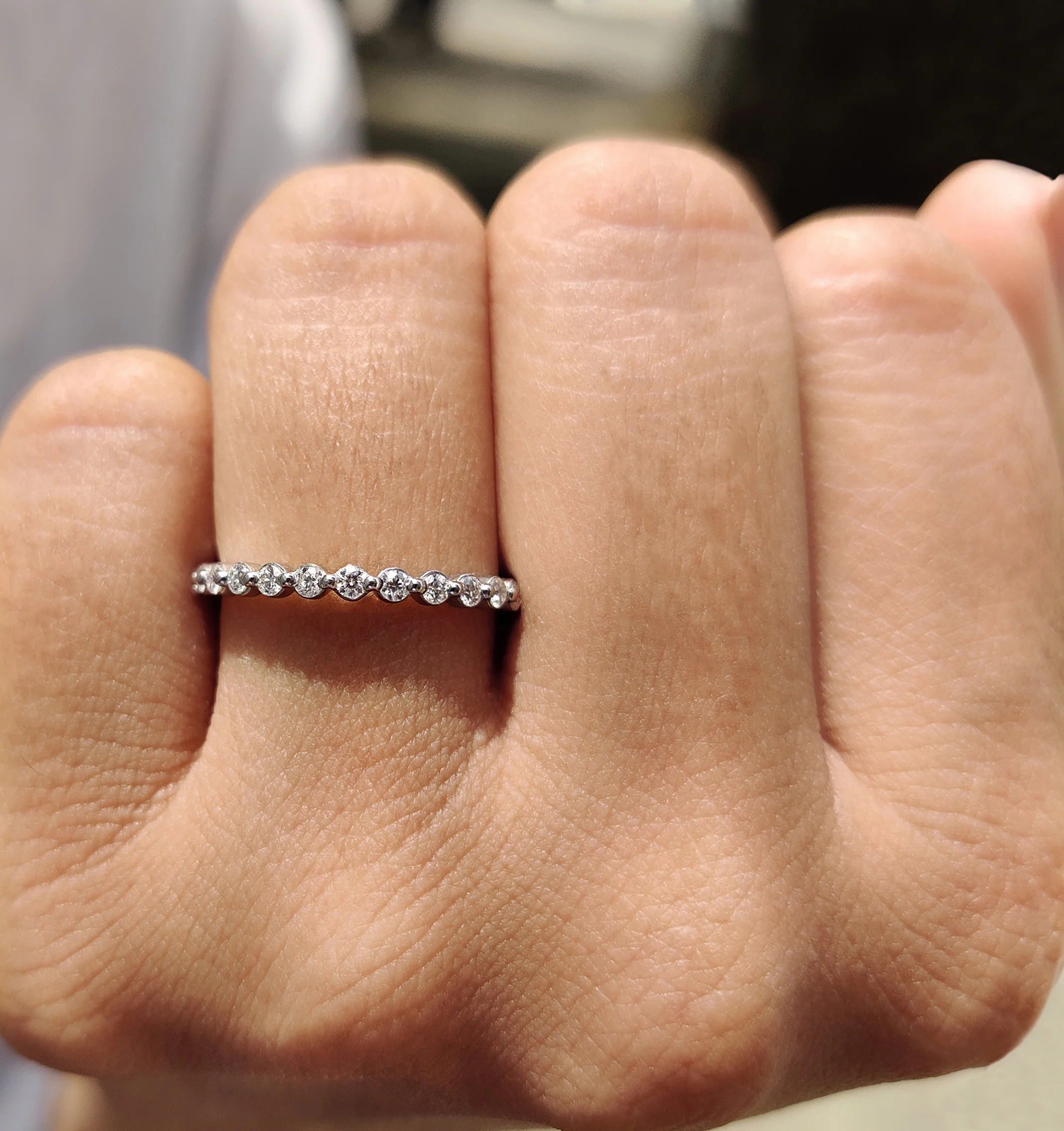 Round Moissanite in Diamond Stackable Eternity Band White Gold Wedding Ring