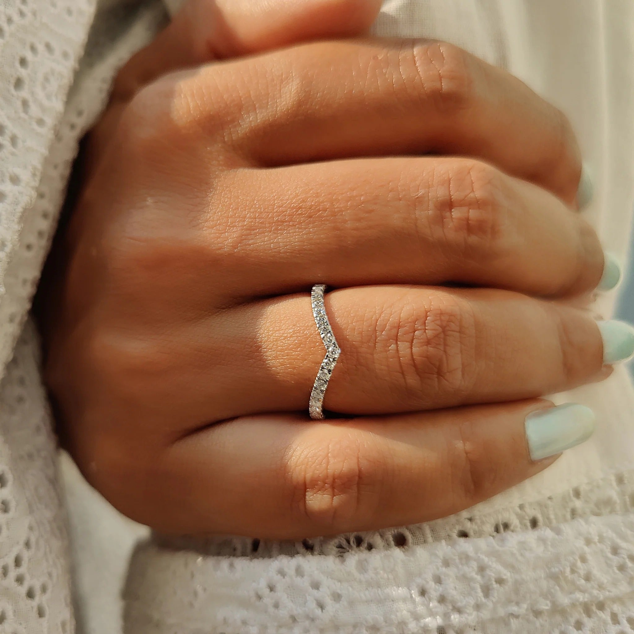 Moissanite Diamond Chevron Band Minimalist Stackable Wedding Ring White Gold Finish