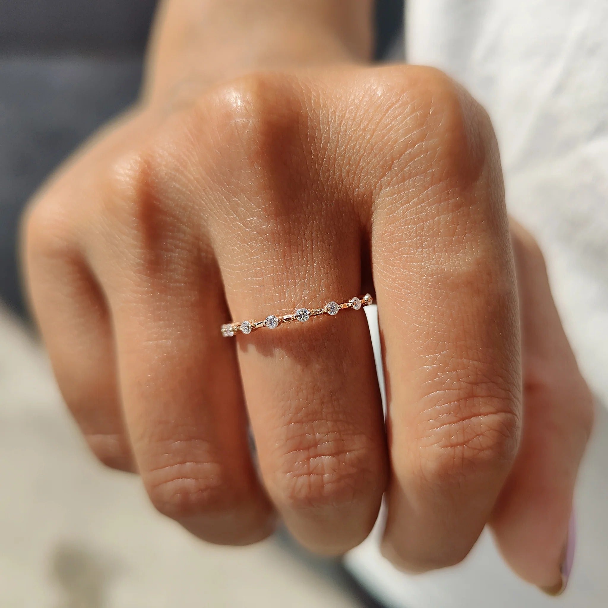 Dainty Round Moissanite Diamond Station Band Minimalist Stackable Ring
