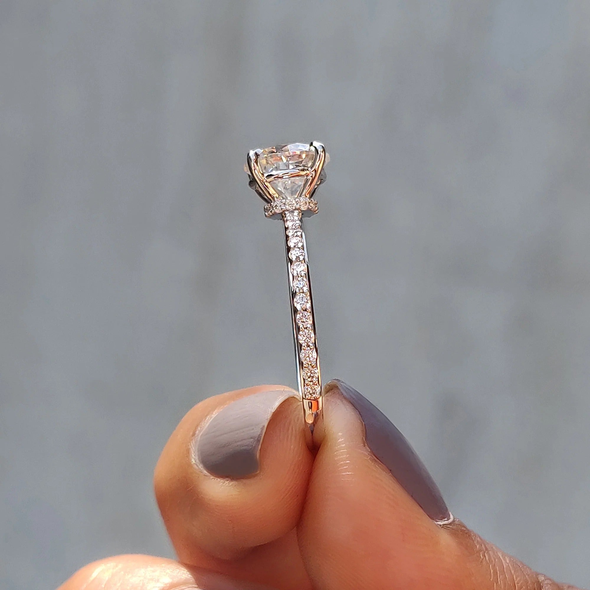 Round Cut Moissanite Engagement Ring with Diamond Pave Band in White Gold Setting