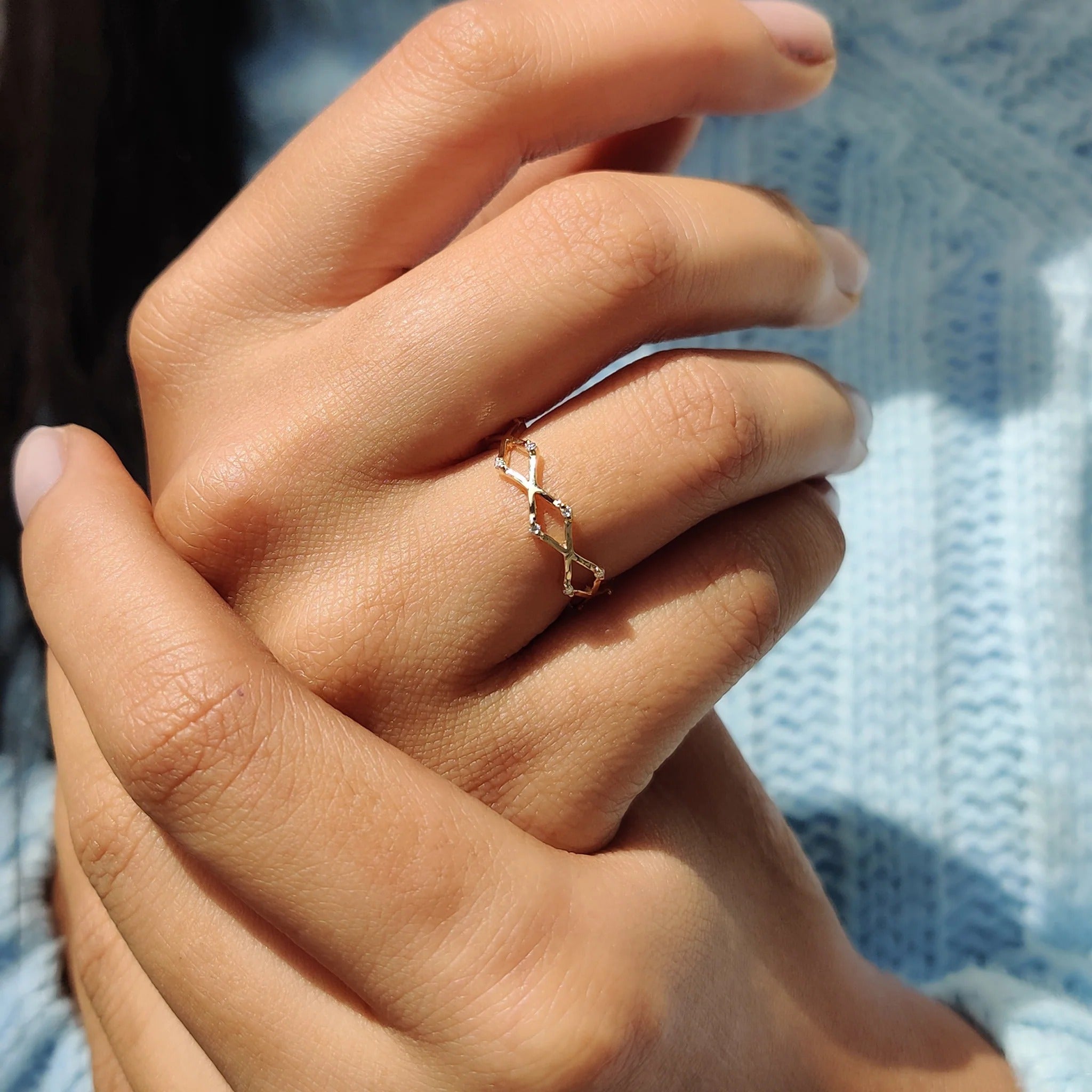 Dainty Moissanite & Diamond Zig Zag Stackable Ring in Polished Rose Gold Band
