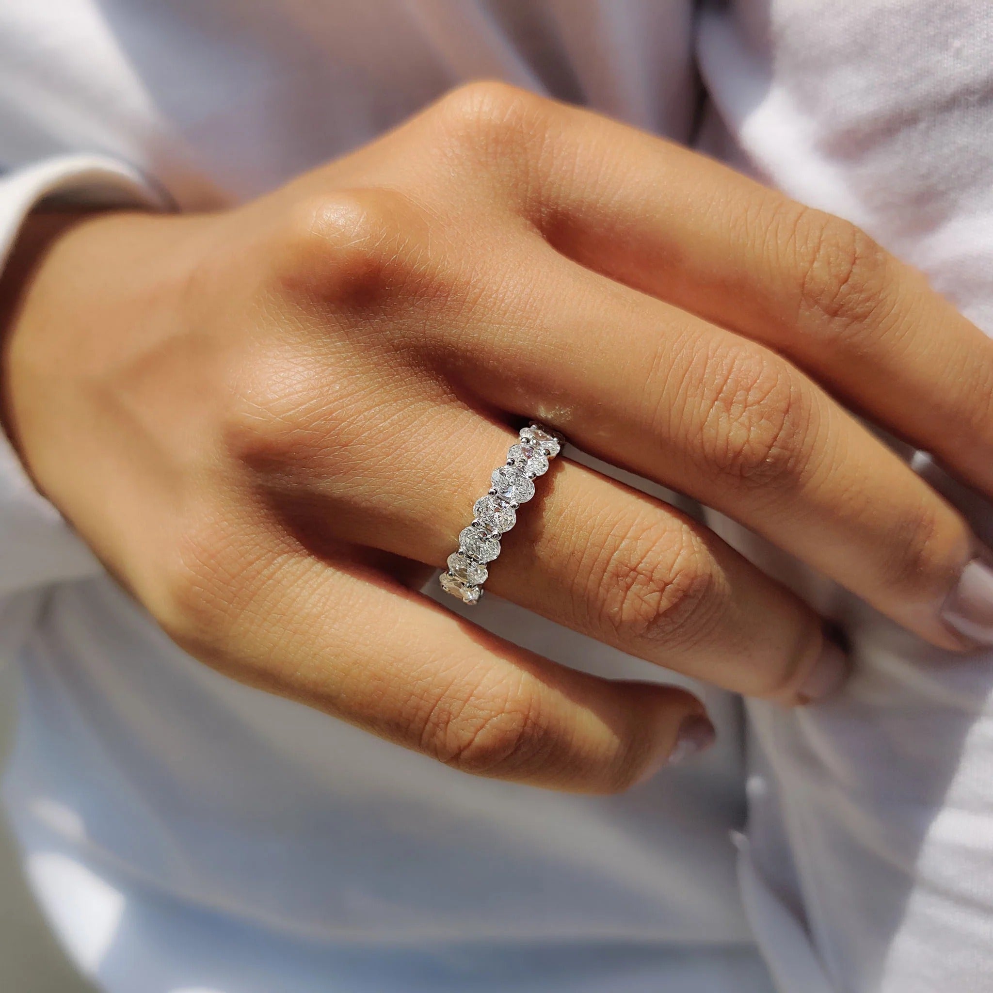 Oval Cut Moissanite Diamond Eternity Band Sterling Silver Stackable Wedding Ring