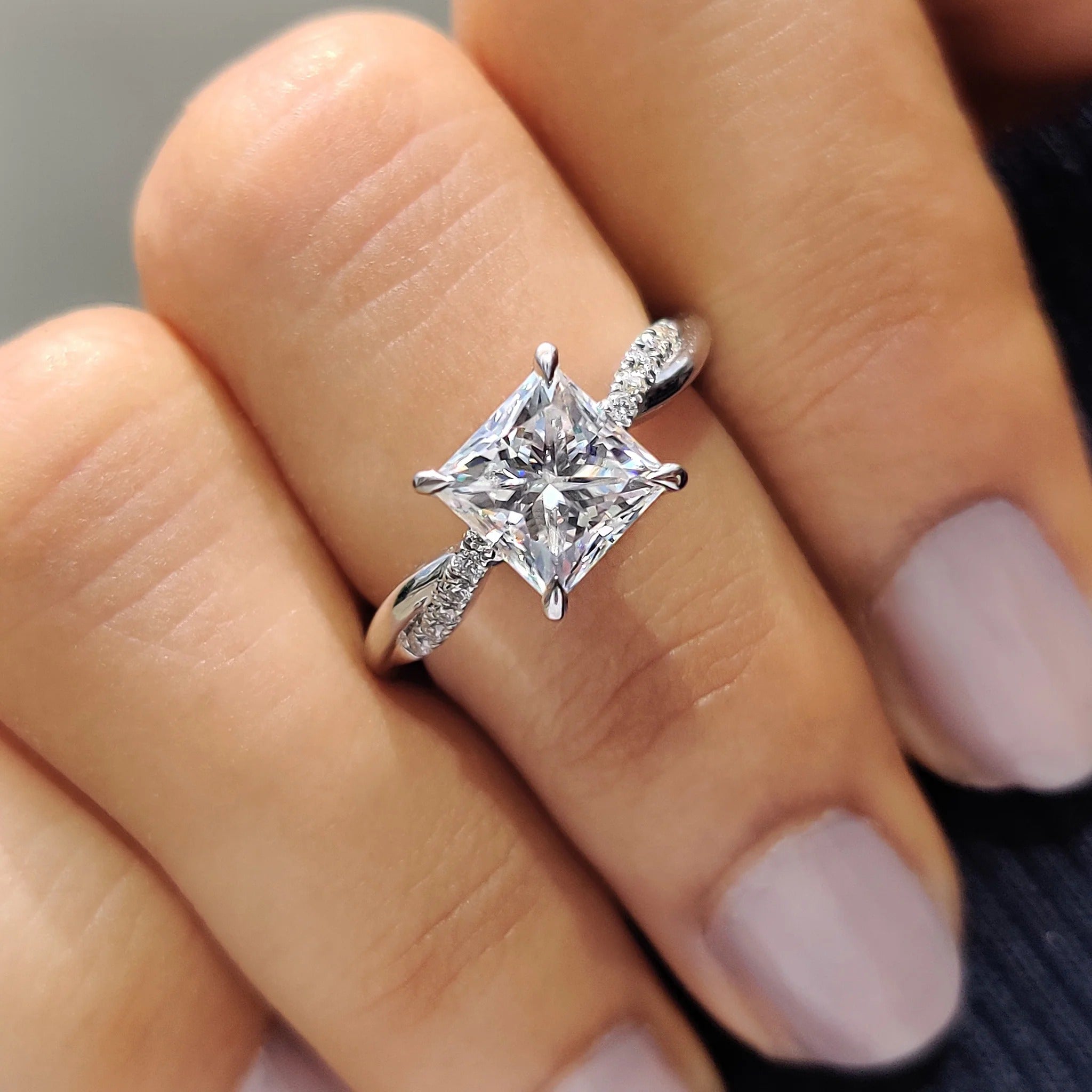 Princess Cut Moissanite Engagement Ring with Diamond Twist Band in White Gold