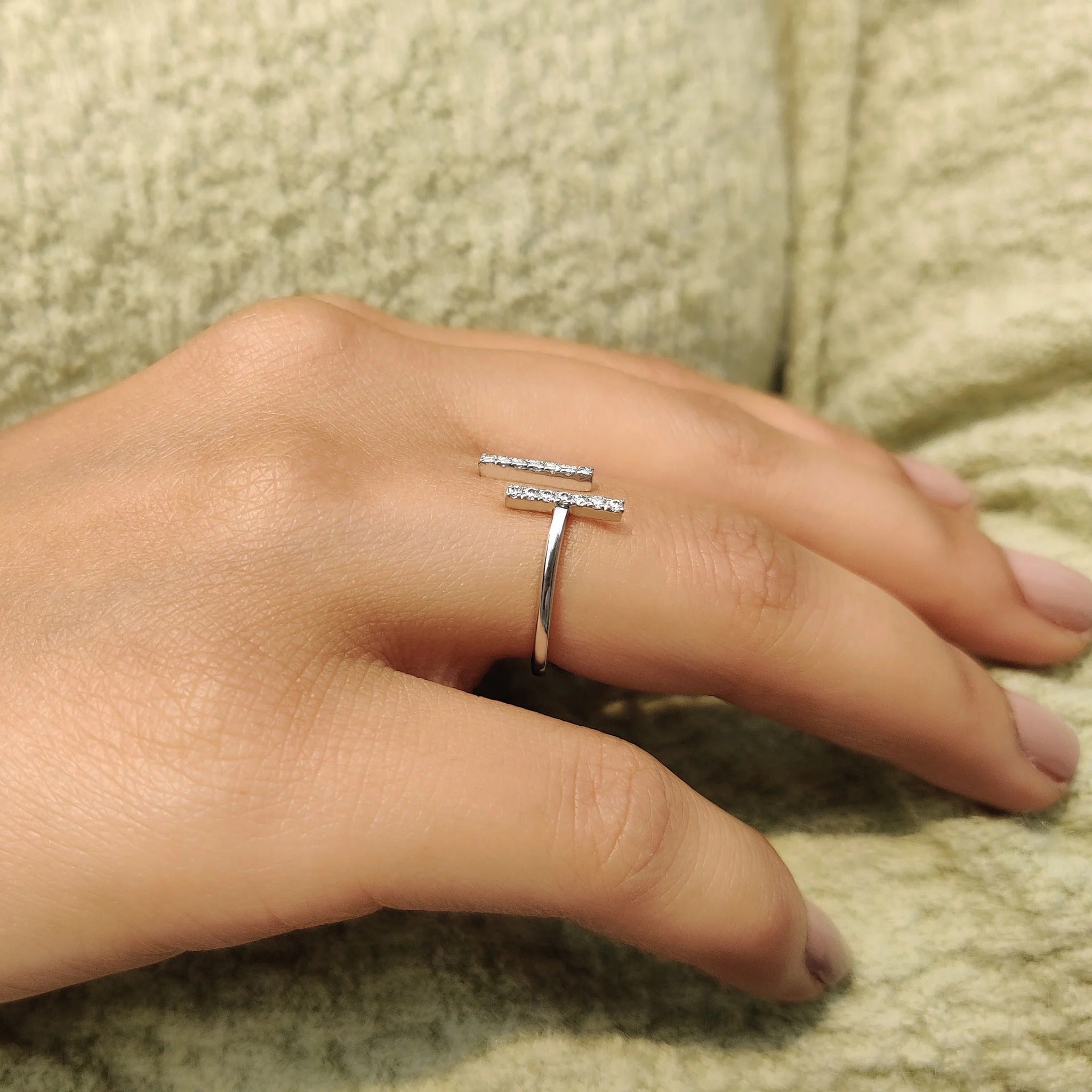 Modern Moissanite Diamond Bar Open Ring Sterling Silver Adjustable Stacking Band
