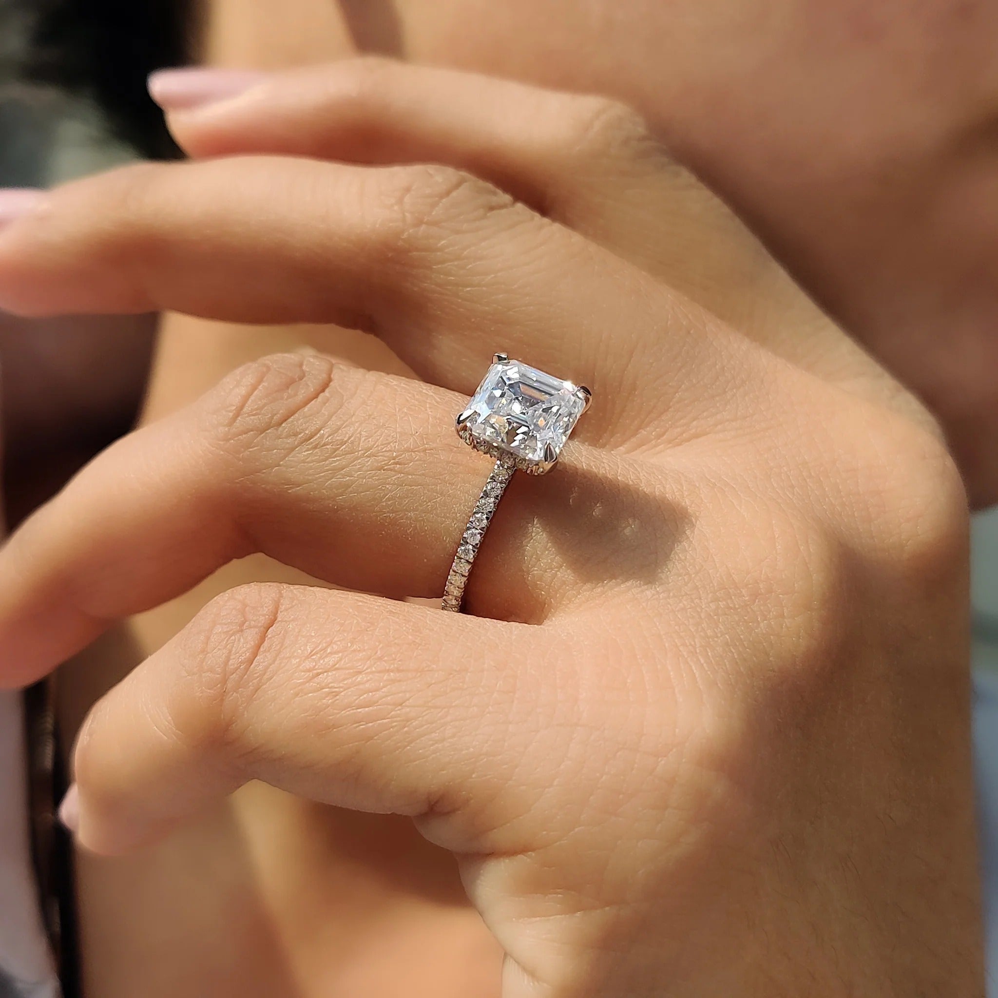 Asscher Cut Moissanite Engagement Ring with Diamond Pave Band