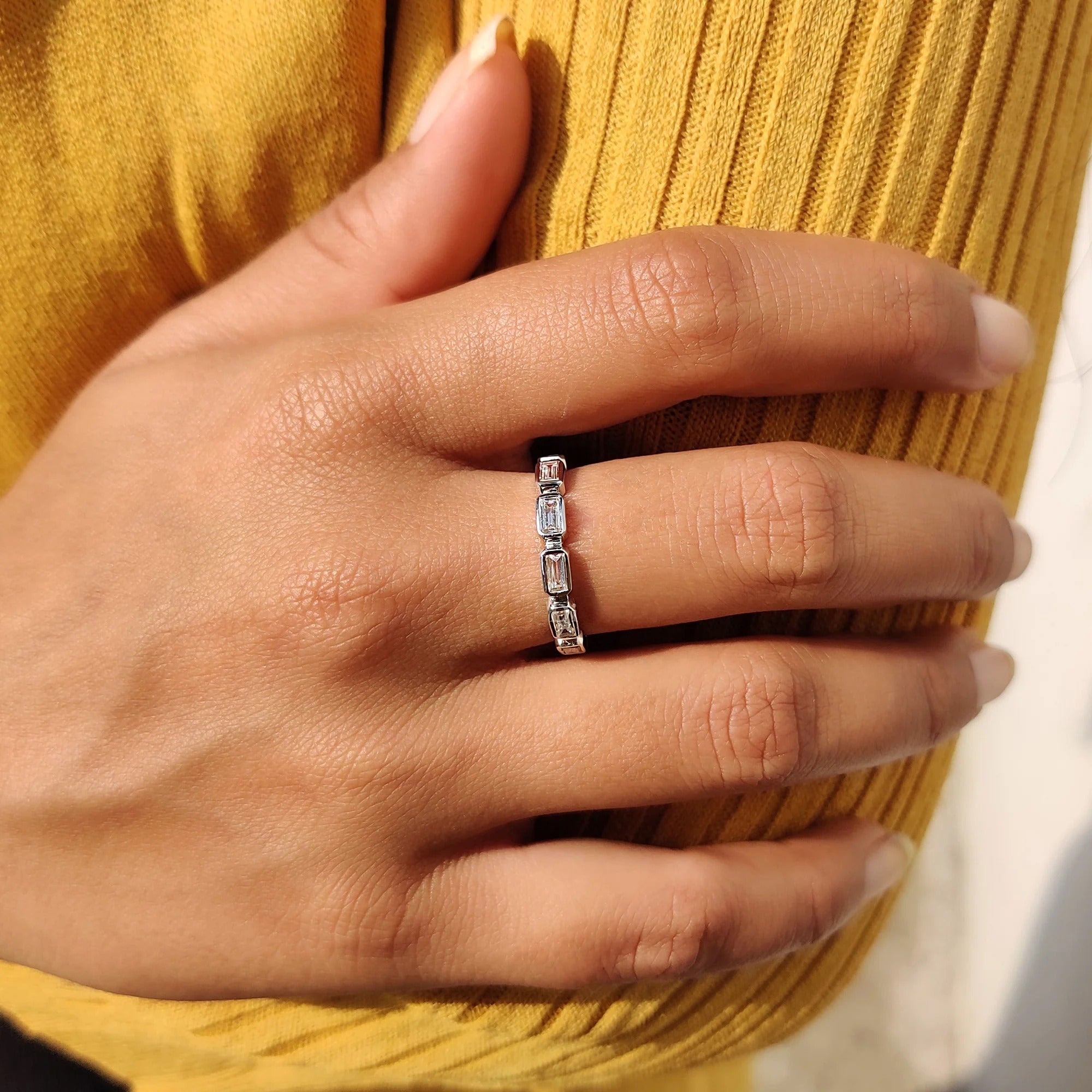 Baguette Cut Moissanite Diamond Bezel Set Band Minimalist Stacking Wedding Ring Band