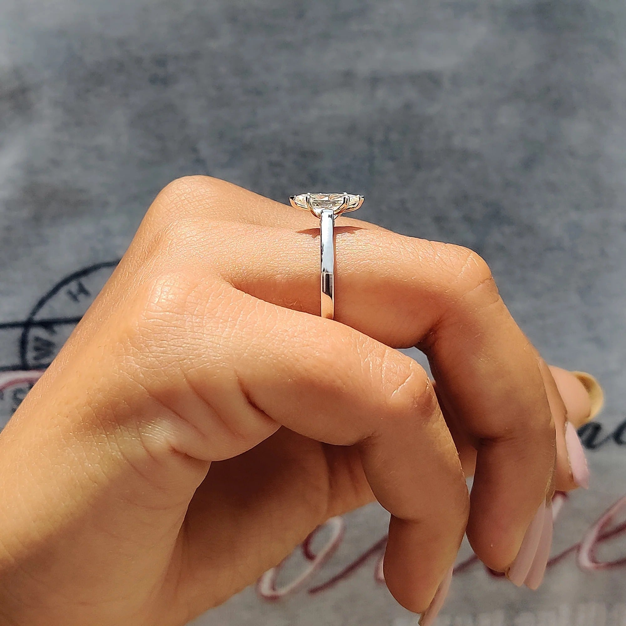 Marquise Cut Moissanite Engagement Ring Solitaire Setting in Polished White Gold Band
