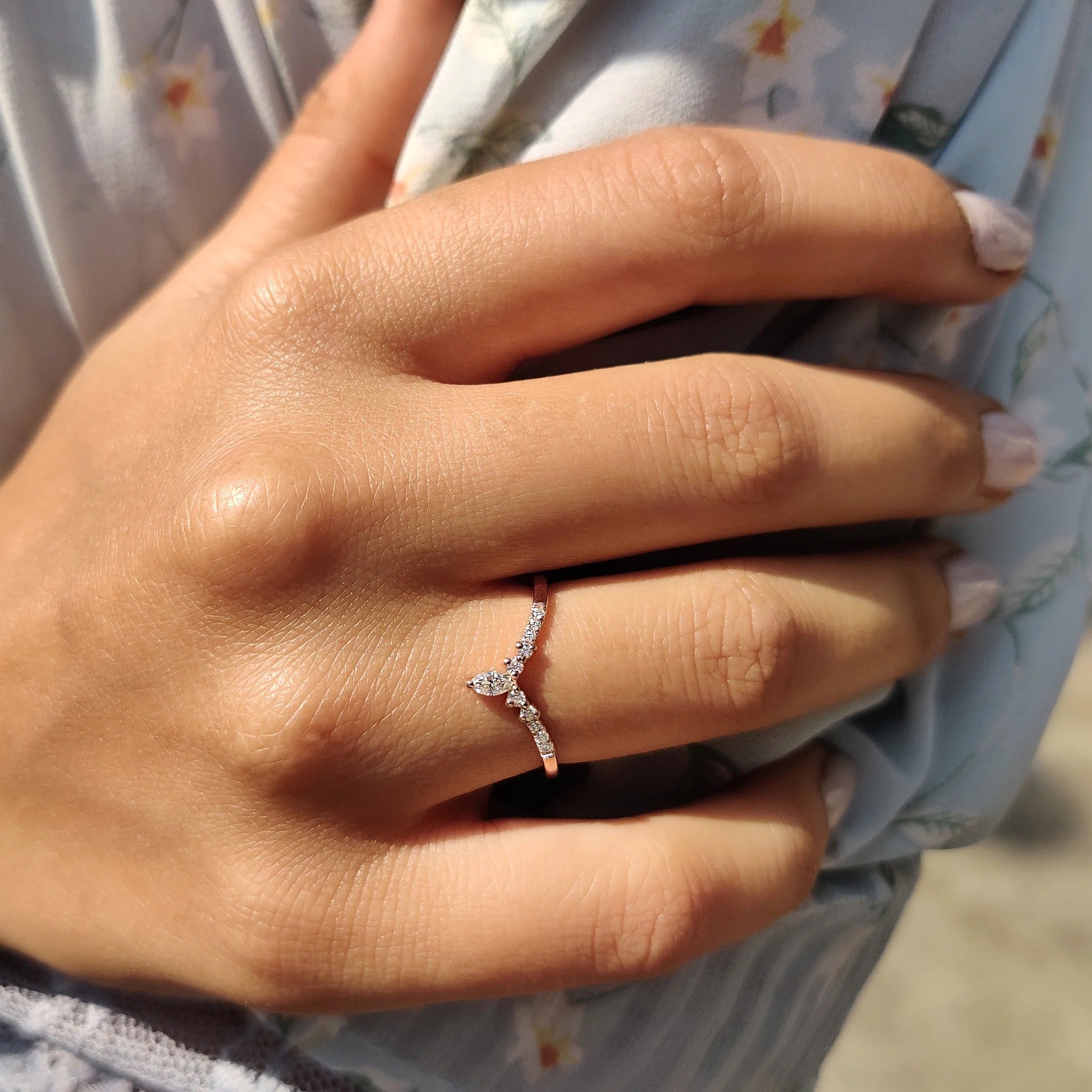 Marquise Moissanite Diamond Contour Band Dainty Rose Gold Stackable Wedding Ring