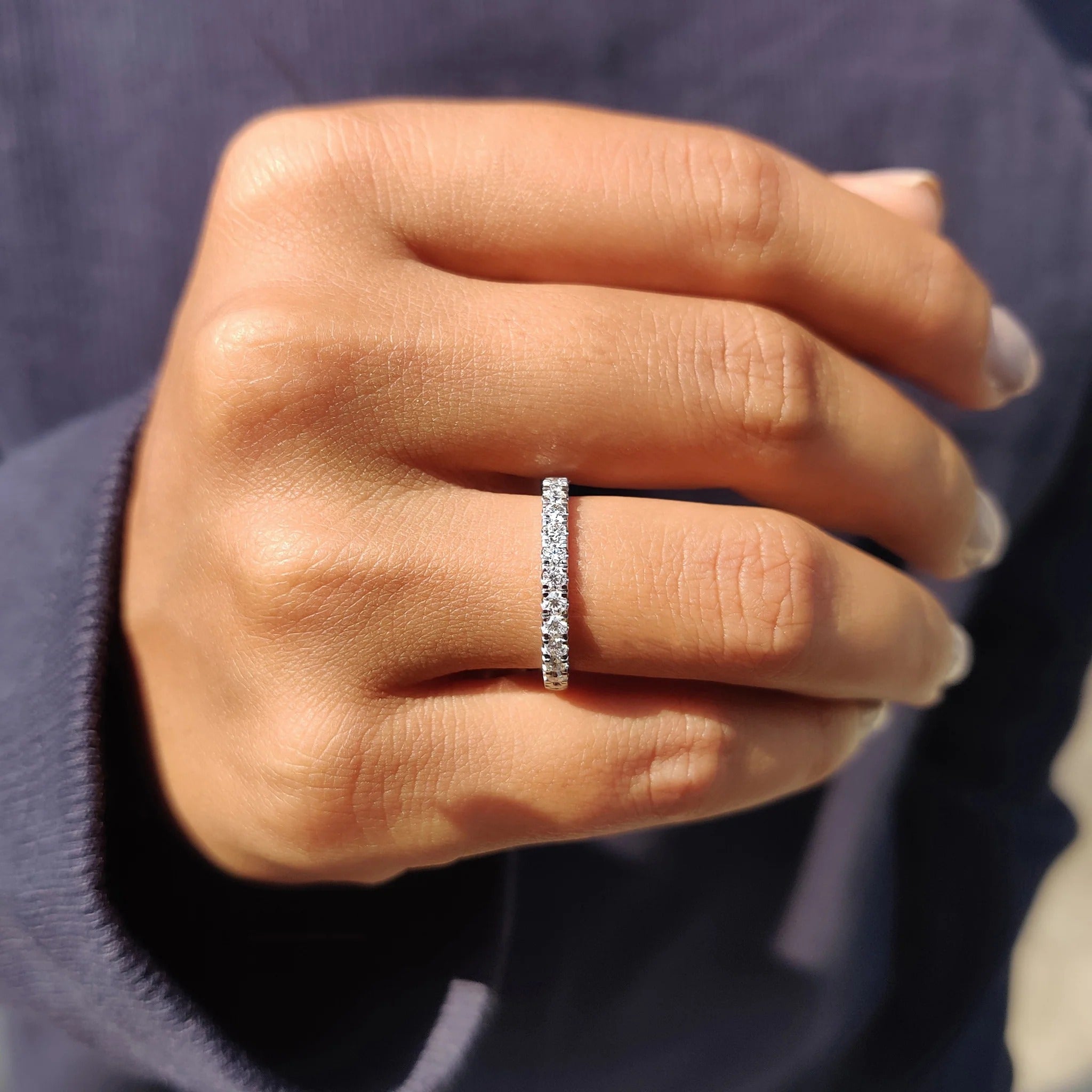Moissanite Diamond Dainty Half Eternity Band Stacking Wedding Ring in White Gold