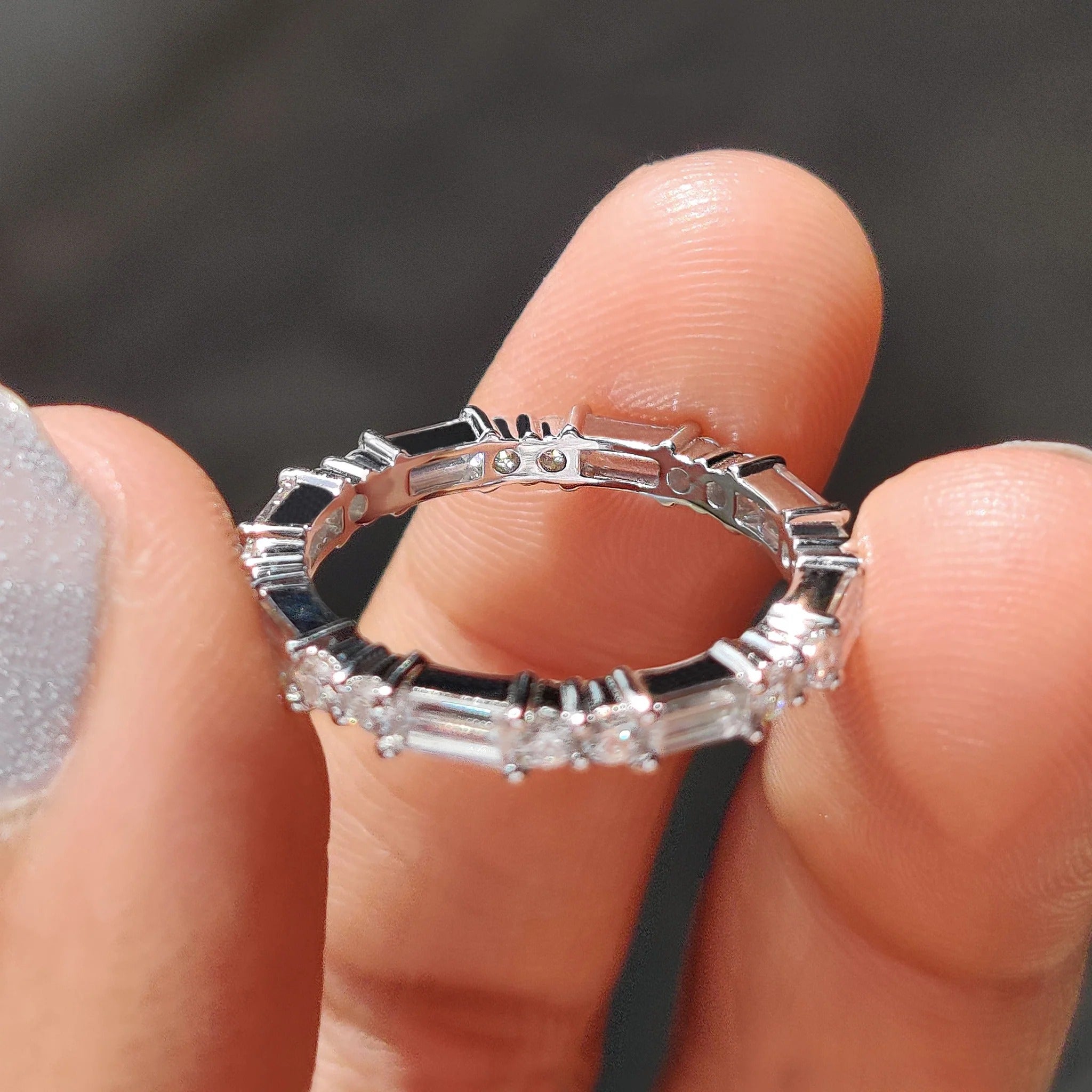 Moissanite Diamond Baguette Round Eternity Band Minimalist Stackable Wedding Ring