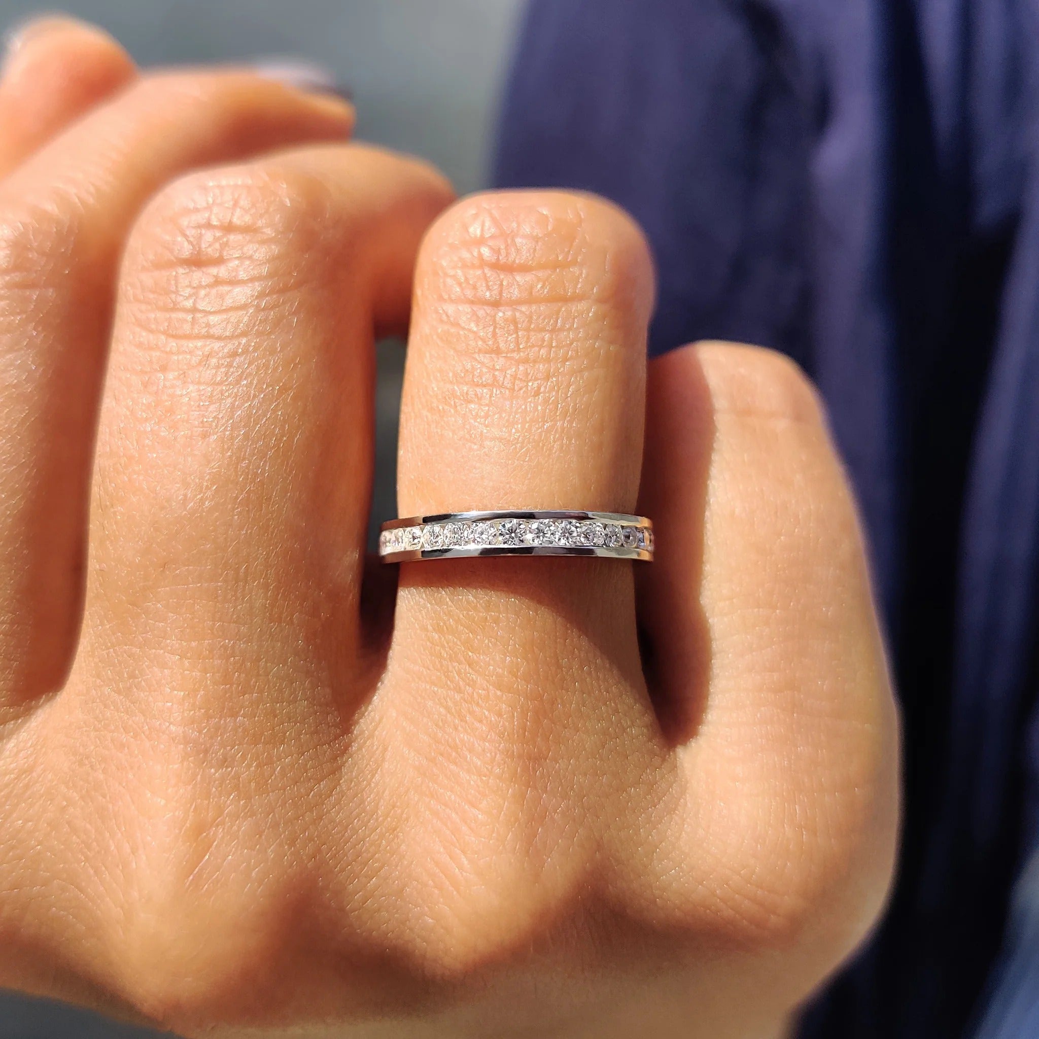 Moissanite Diamond Channel Set Eternity Band Minimalist Stackable Ring White Gold