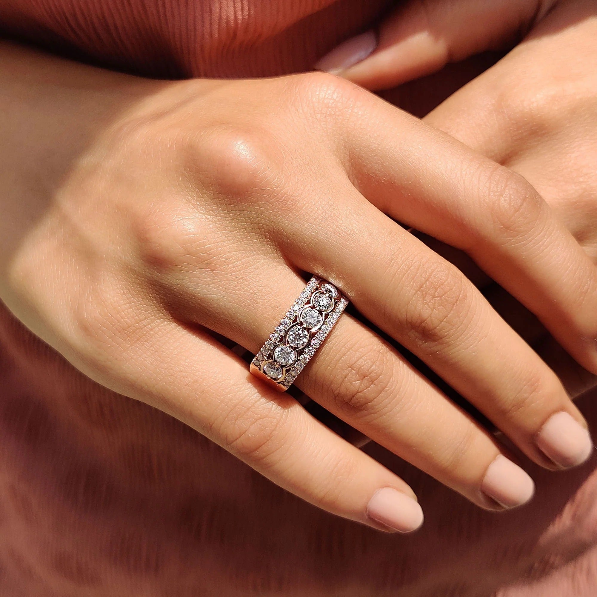Moissanite Diamond Wide Eternity Band Stackable Rose Gold Statement Wedding Ring