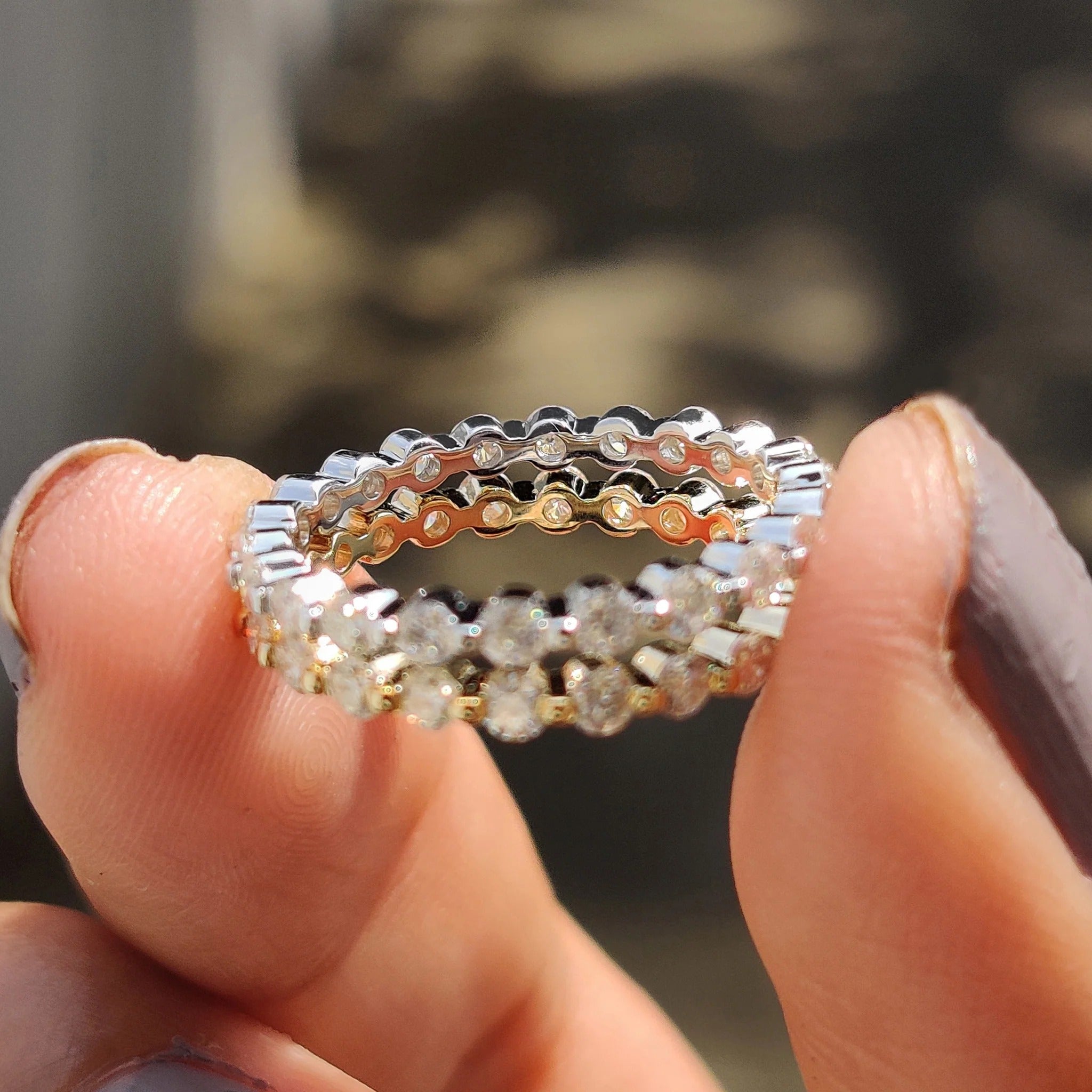 Moissanite and Diamond Double Row Eternity Band Stackable Wedding Ring